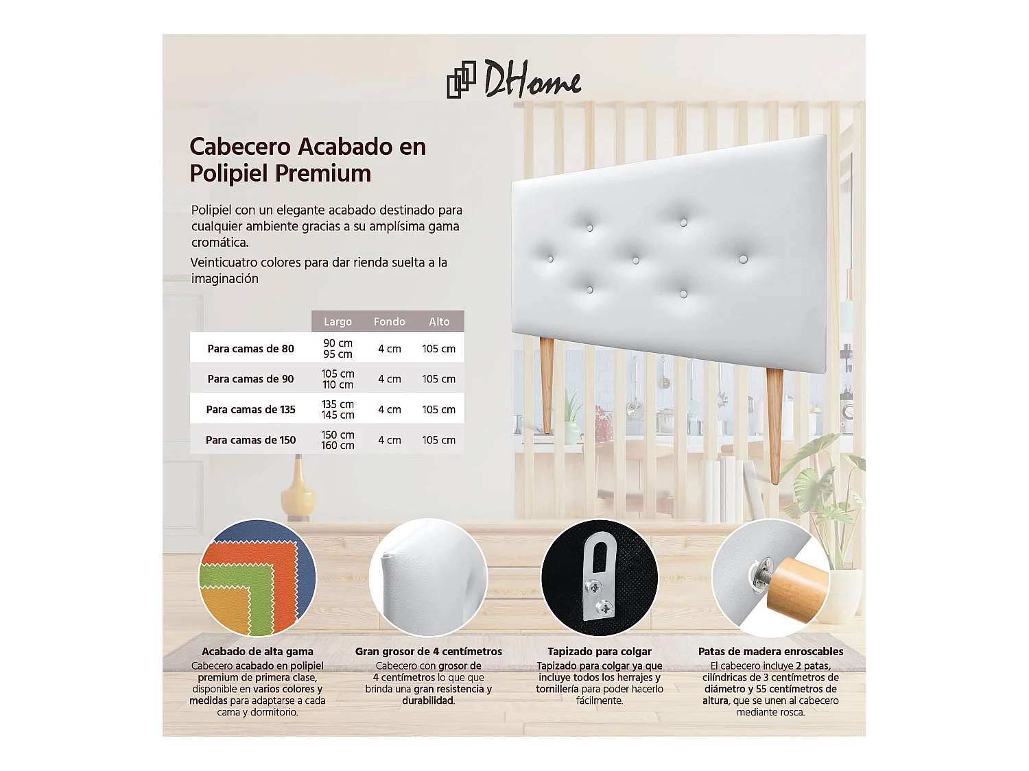 DHOME Tête de lit en simili cuir avec 3 rangées de boutons entrelacés Tête de lit rembourrée pour lit de luxe (Blanc, 95cm)