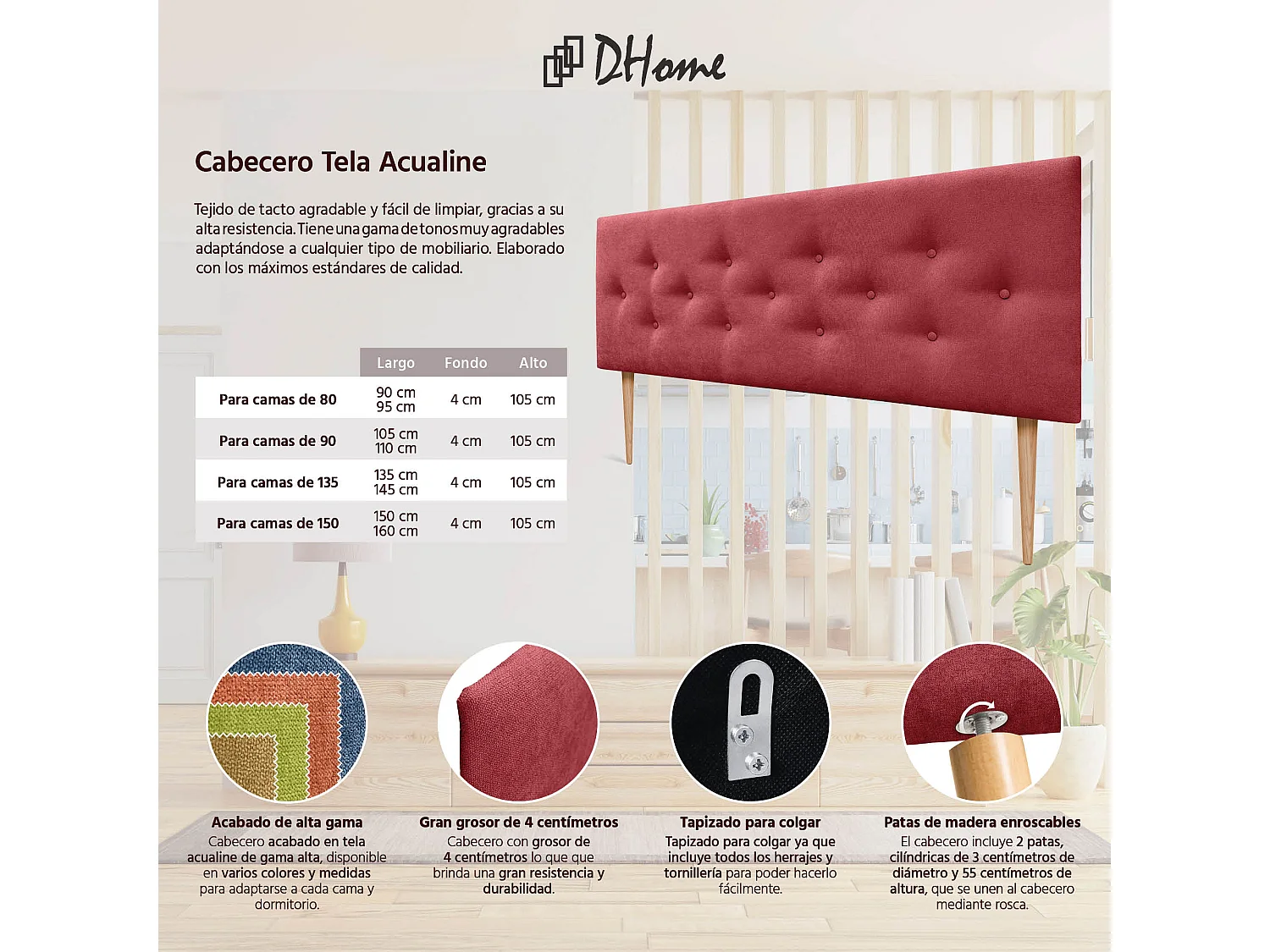DHOME Tête de Lit en Tissu ACUALINE avec 3 Rangées Entrelacées de Boutons et Pieds Tête de Lit Capitonnée de Luxe(Rouge, 160cm)