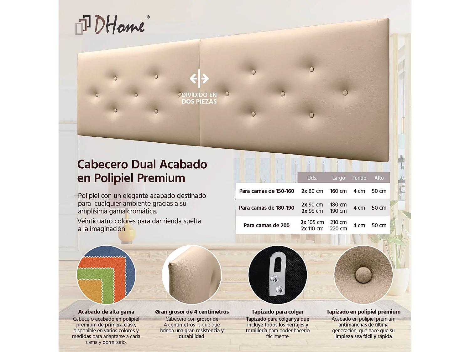 DHOME Cabeceira de Polipele com 3 Fileiras Intercaladas de Botões Cabeceira Estofada de Cama Luxuosa (Champanhe, 210cm (2 peças))