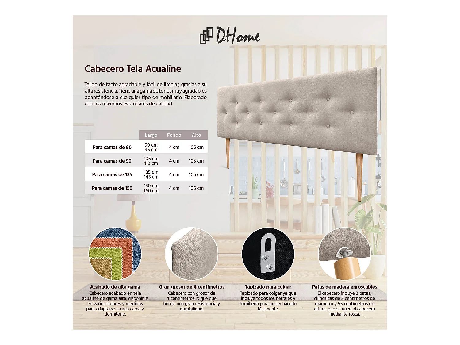 DHOME Tête de Lit en Tissu ACUALINE avec 3 Rangées Entrelacées de Boutons et Pieds Tête de Lit Capitonnée de Luxe(Beige, 160cm)