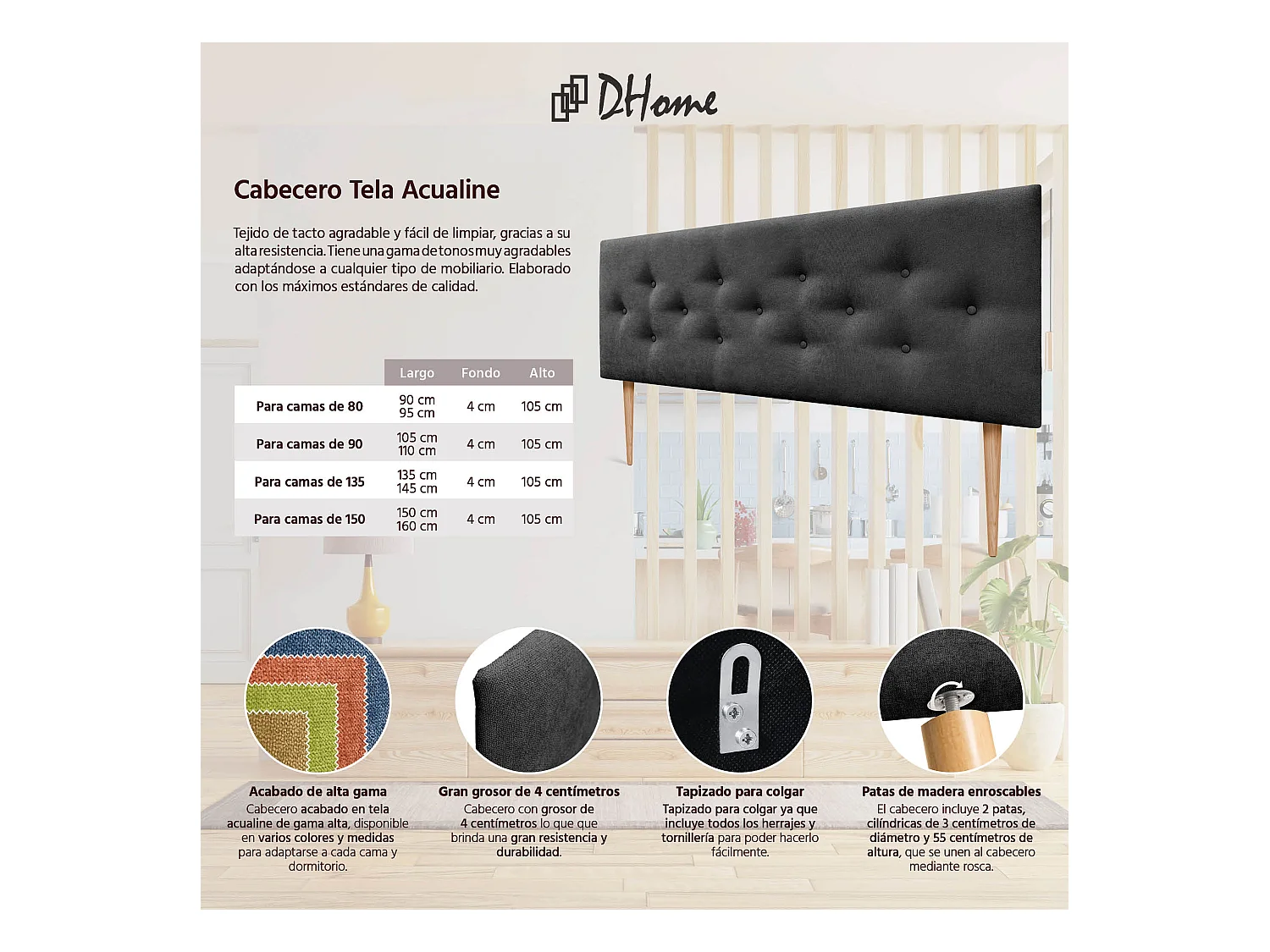 DHOME Tête de Lit en Tissu ACUALINE avec 3 Rangées Entrelacées de Boutons et Pieds Tête de Lit Capitonnée de Luxe(Noir, 135cm)