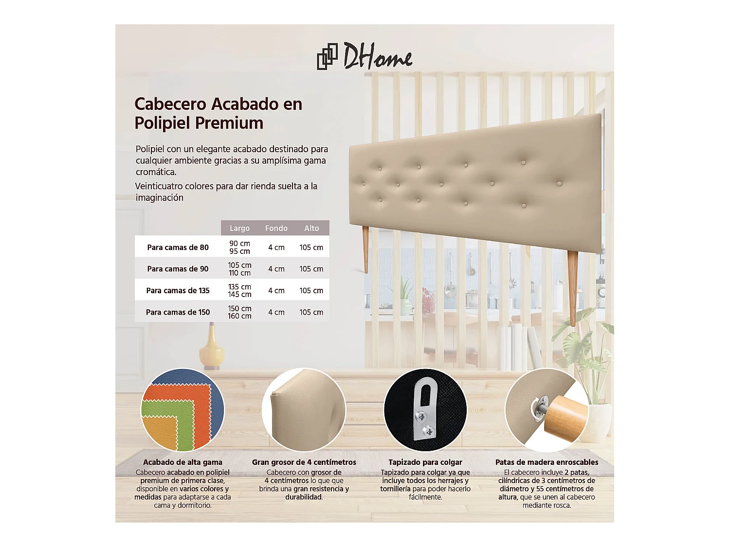 DHOME Tête de lit en simili cuir avec 3 rangées de boutons entrelacés Tête de lit rembourrée pour lit de luxe (Beige, 160cm)