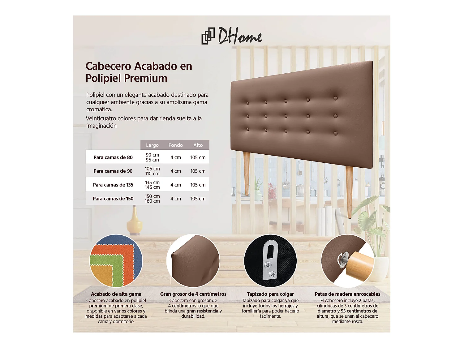 DHOME Tête de lit en simili cuir avec 3 rangées de boutons Tête de lit rembourrée pour lit de luxe (Argile, 105cm)