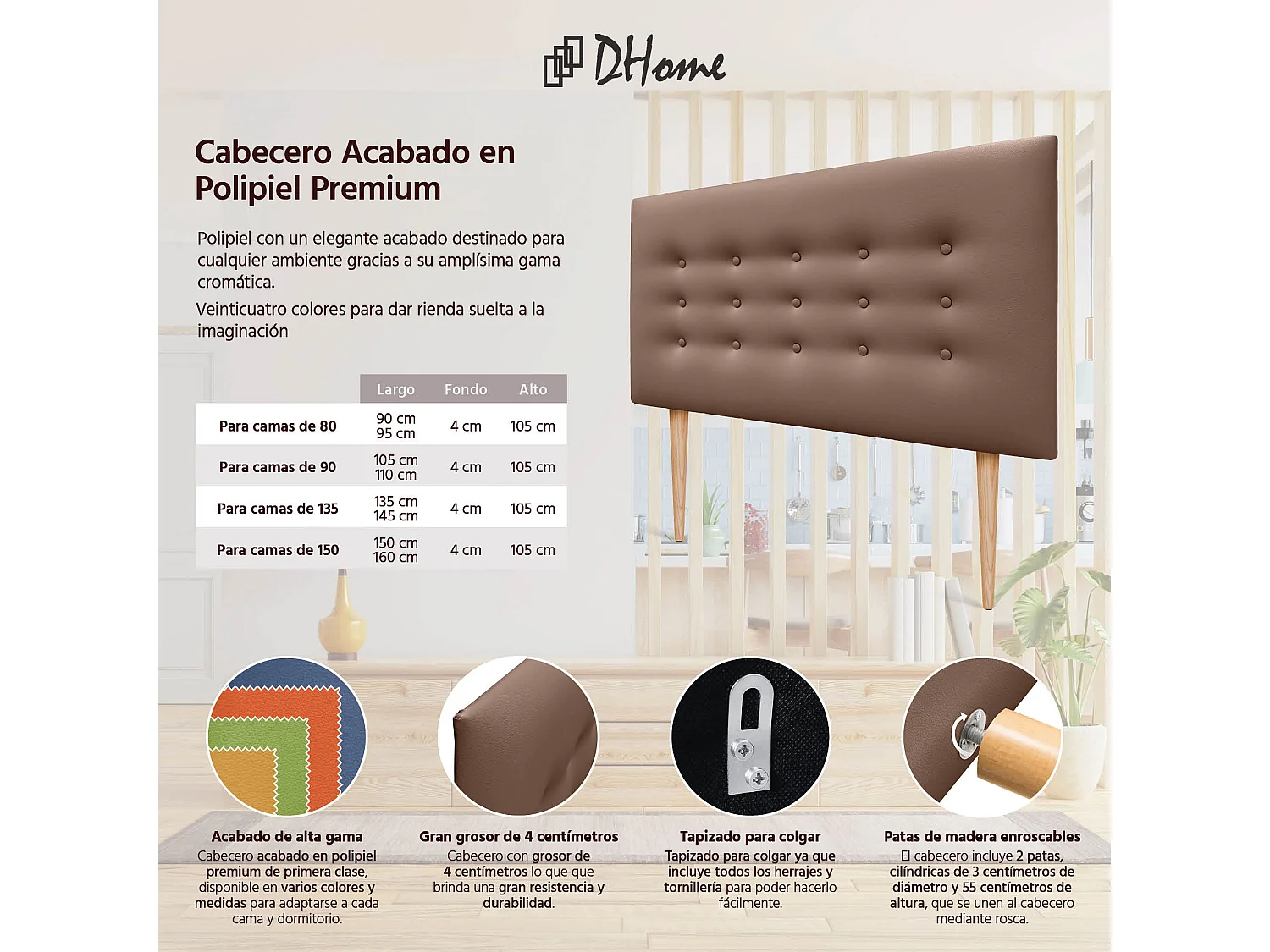 DHOME Testiera in ecopelle con 3 file di bottoni Testiera imbottita per letto di lusso (Argilla, 105cm)