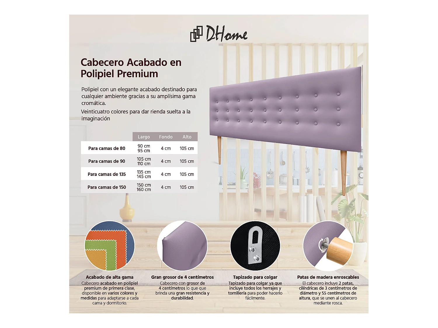 DHOME Testiera in ecopelle con 3 file di bottoni Testiera imbottita per letto di lusso (Lilla, 160cm)