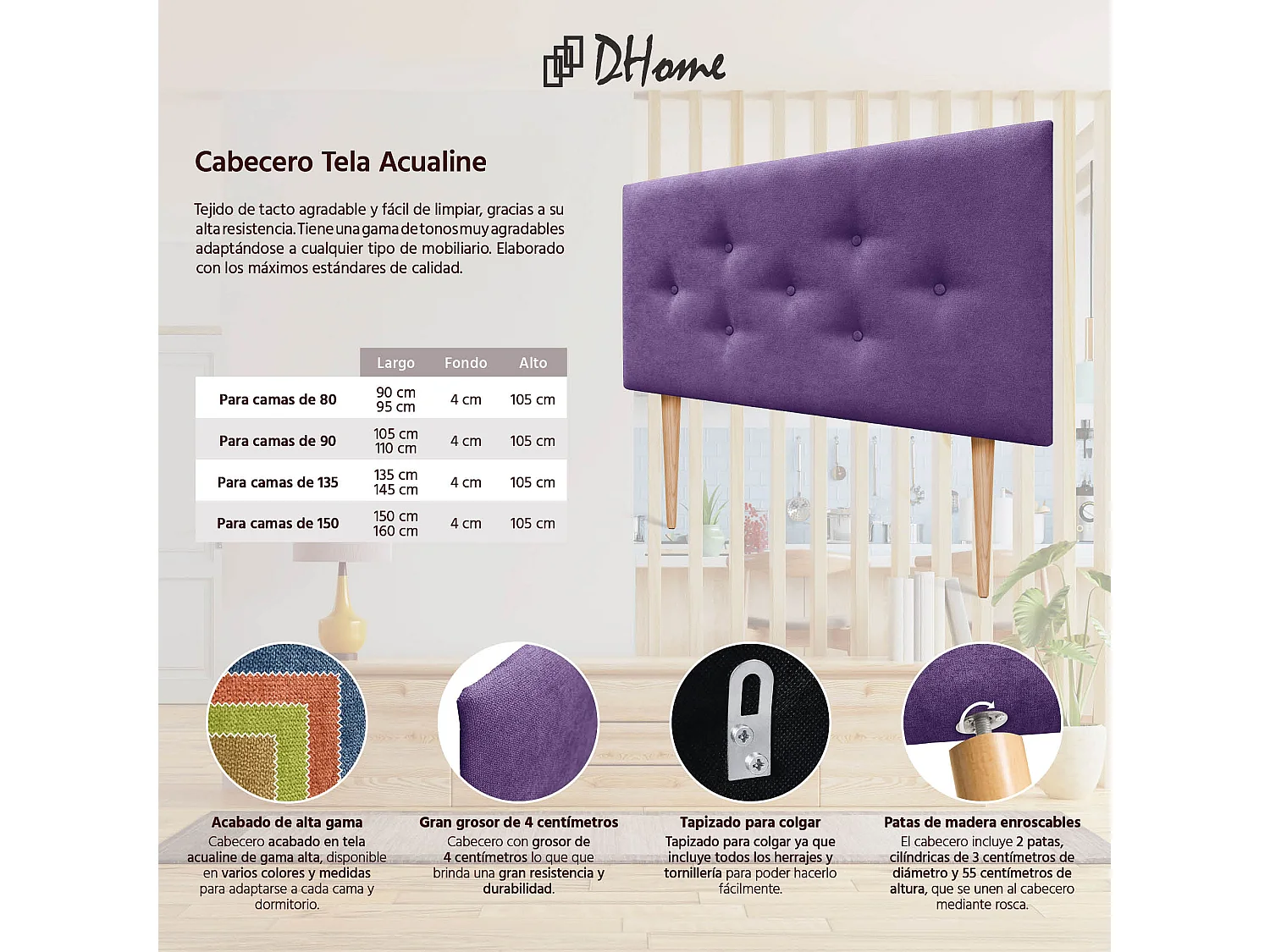 DHOME Tête de Lit en Tissu ACUALINE avec 3 Rangées Entrelacées de Boutons et Pieds Tête de Lit Capitonnée de Luxe(Lilas, 110cm)