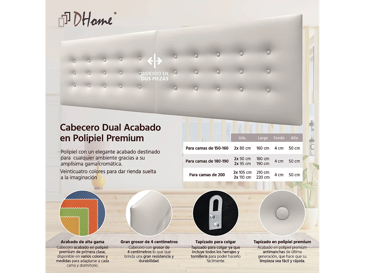 DHOME Tête de Lit en Similicuir avec 3 Rangées de Boutons Tête de Lit Rembourrée de Luxe (Blanc Hueso, 220cm (2 pièces))