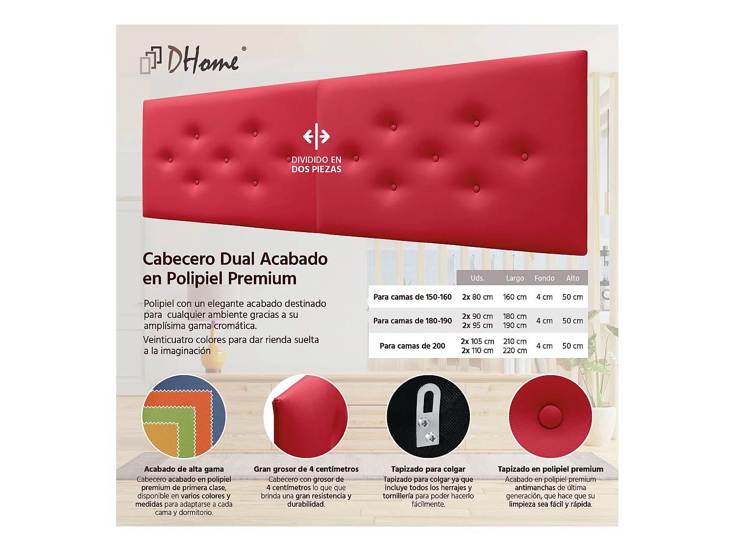 DHOME Tête de Lit en Similicuir avec 3 Rangées de Boutons Entrelacées Tête de Lit Rembourrée de Luxe (Rouge, 210cm (2 pièces))