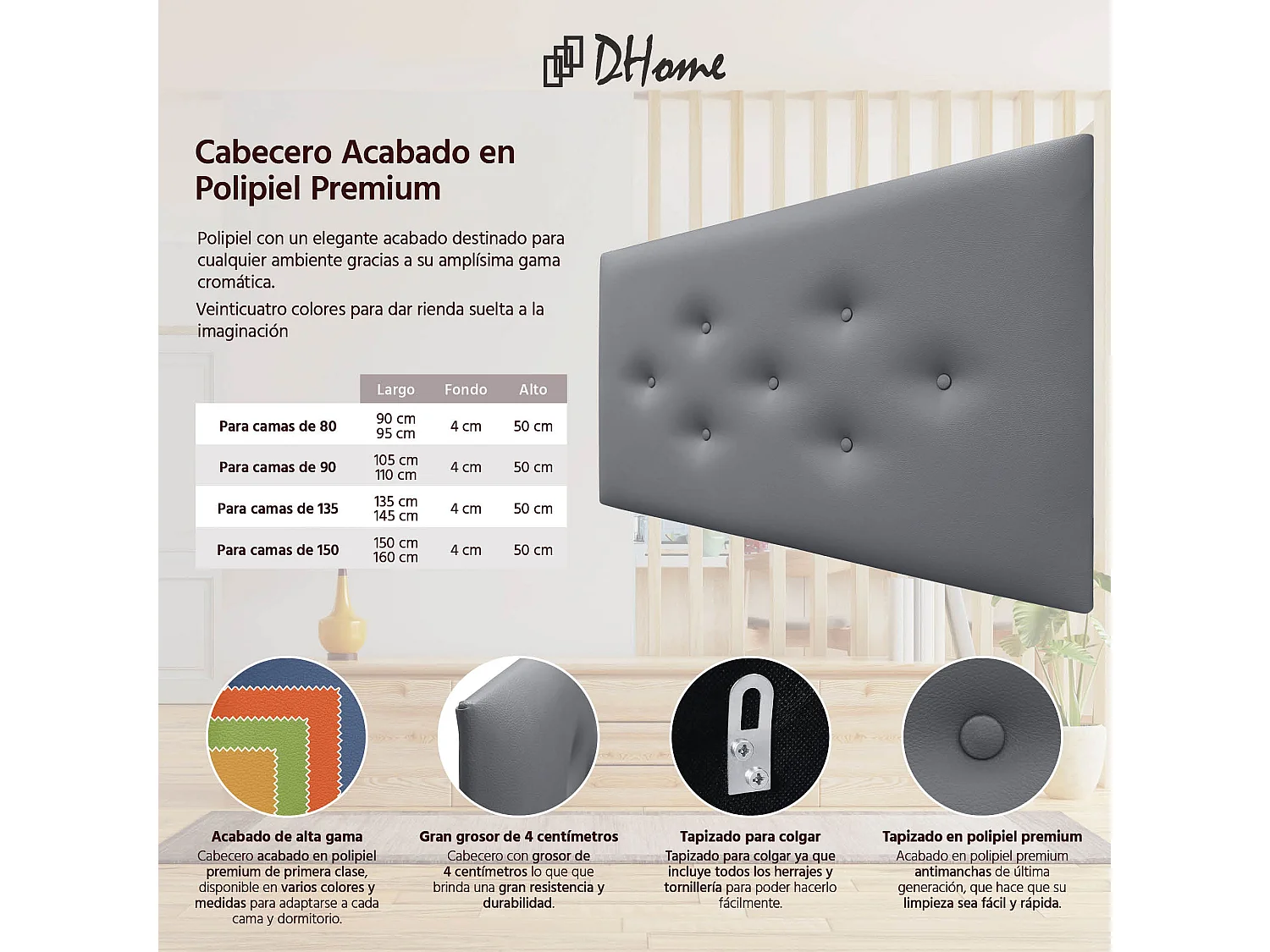 DHOME Tête de Lit en Similicuir avec 3 Rangées de Boutons Entrelacées Tête de Lit Rembourrée de Luxe (Gris, 90cm)