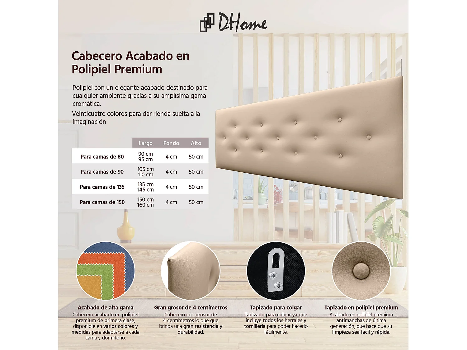 DHOME Tête de Lit en Similicuir avec 3 Rangées de Boutons Entrelacées Tête de Lit Rembourrée de Luxe (Champagne, 150cm)