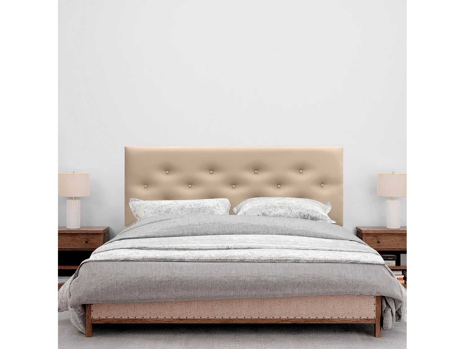 DHOME Tête de Lit en Similicuir avec 3 Rangées de Boutons Entrelacées Tête de Lit Rembourrée de Luxe (Champagne, 150cm)