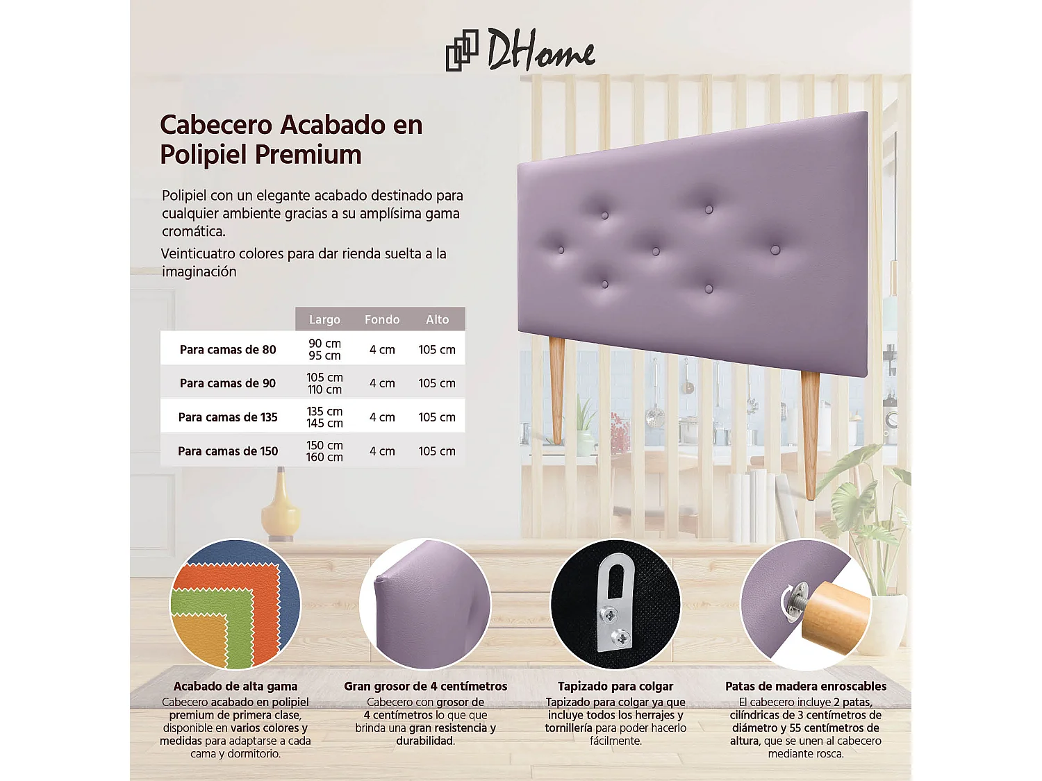 DHOME Tête de lit en simili cuir avec 3 rangées de boutons entrelacés Tête de lit rembourrée pour lit de luxe (Lilas, 90cm)