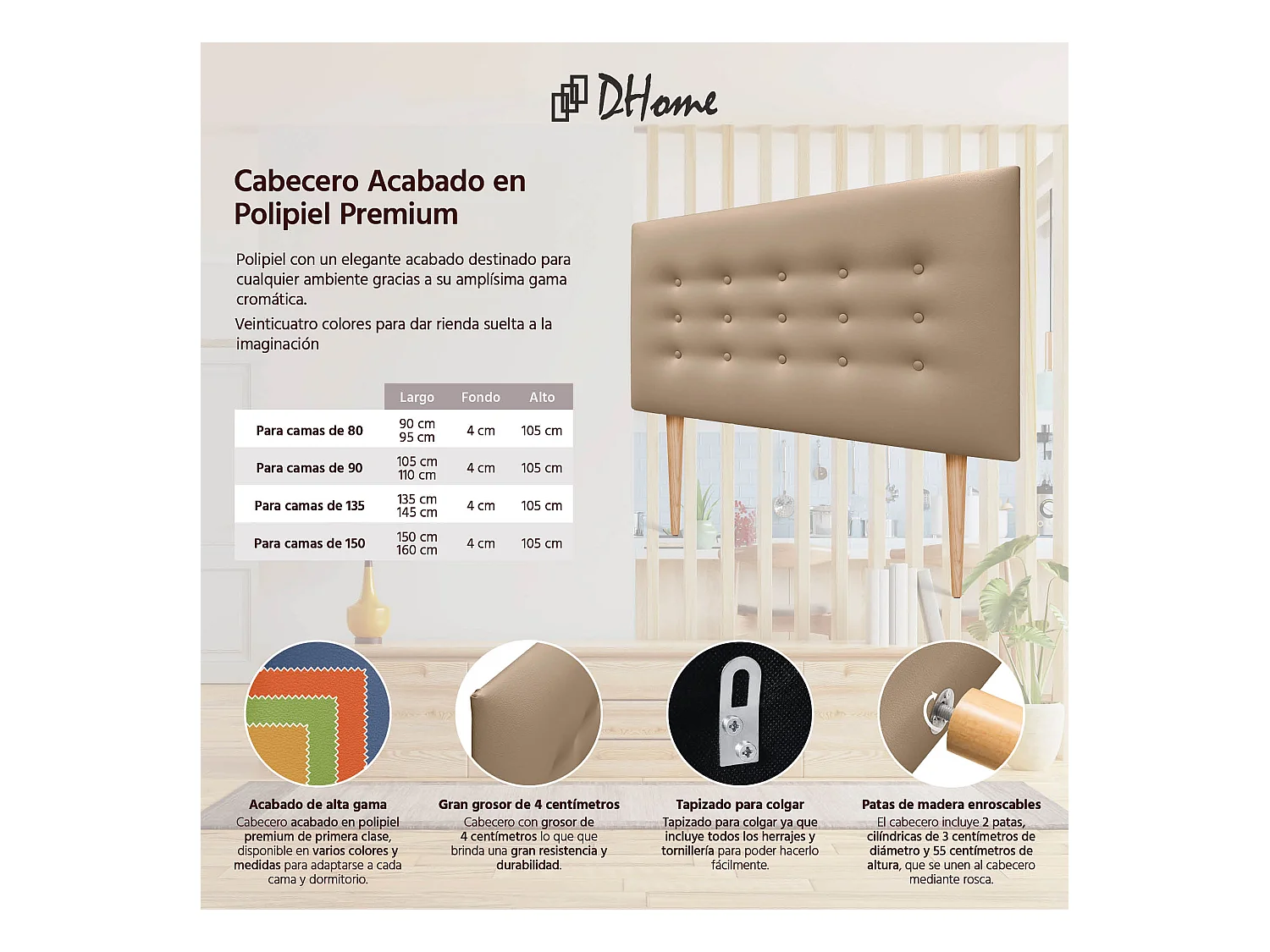 DHOME Testiera in ecopelle con 3 file di bottoni Testiera imbottita per letto di lusso (Marrone Chiaro, 105cm)