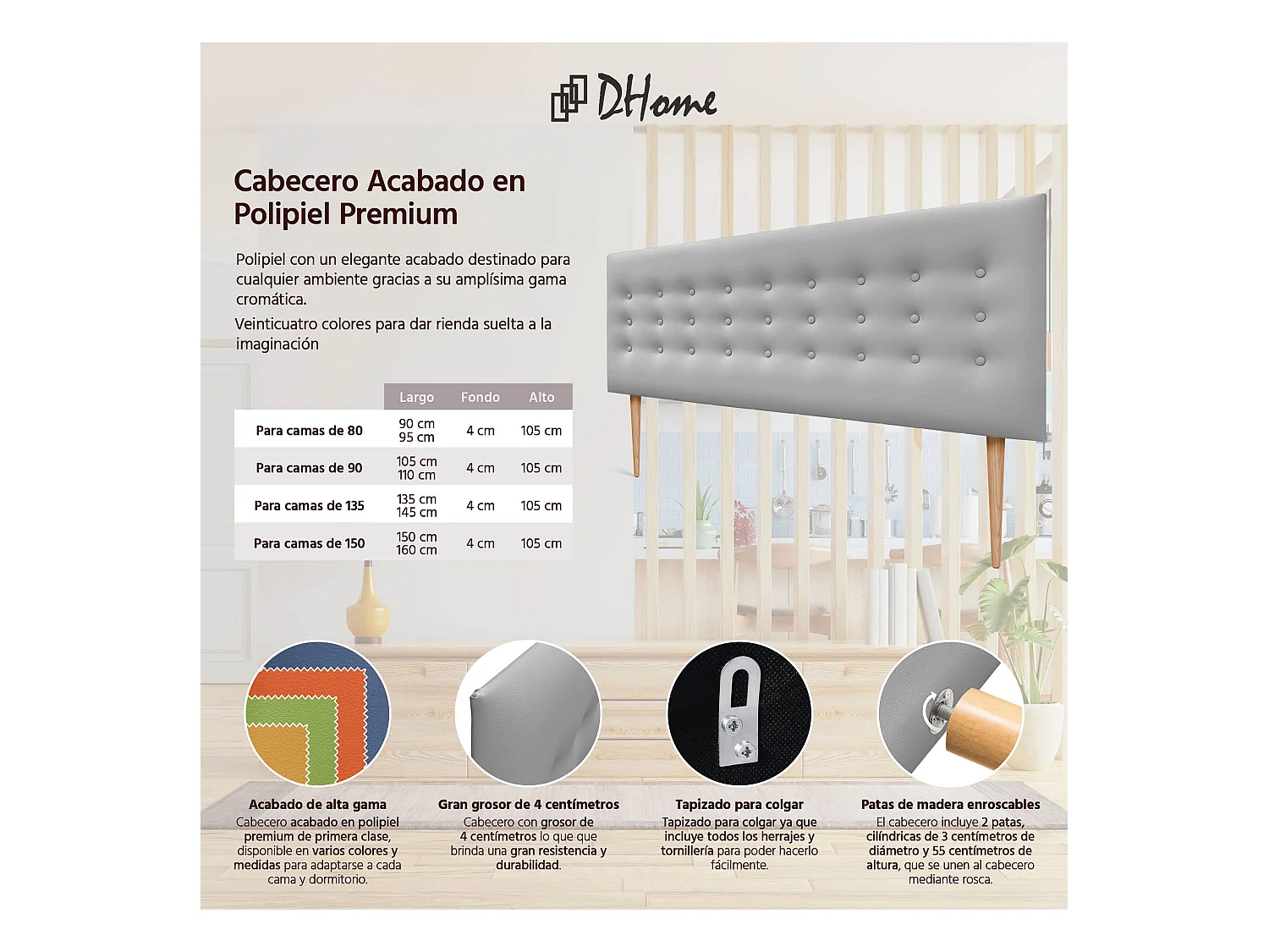 DHOME Testiera in ecopelle con 3 file di bottoni Testiera imbottita per letto di lusso (Grigio, 160cm)