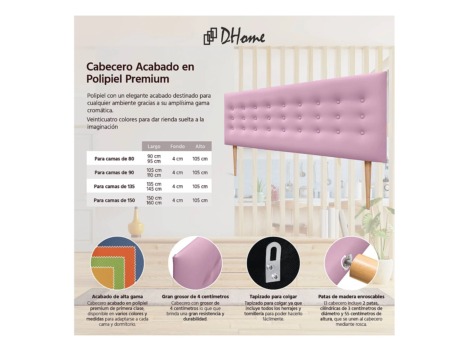 DHOME Testiera in ecopelle con 3 file di bottoni Testiera imbottita per letto di lusso (Rosa, 135cm)