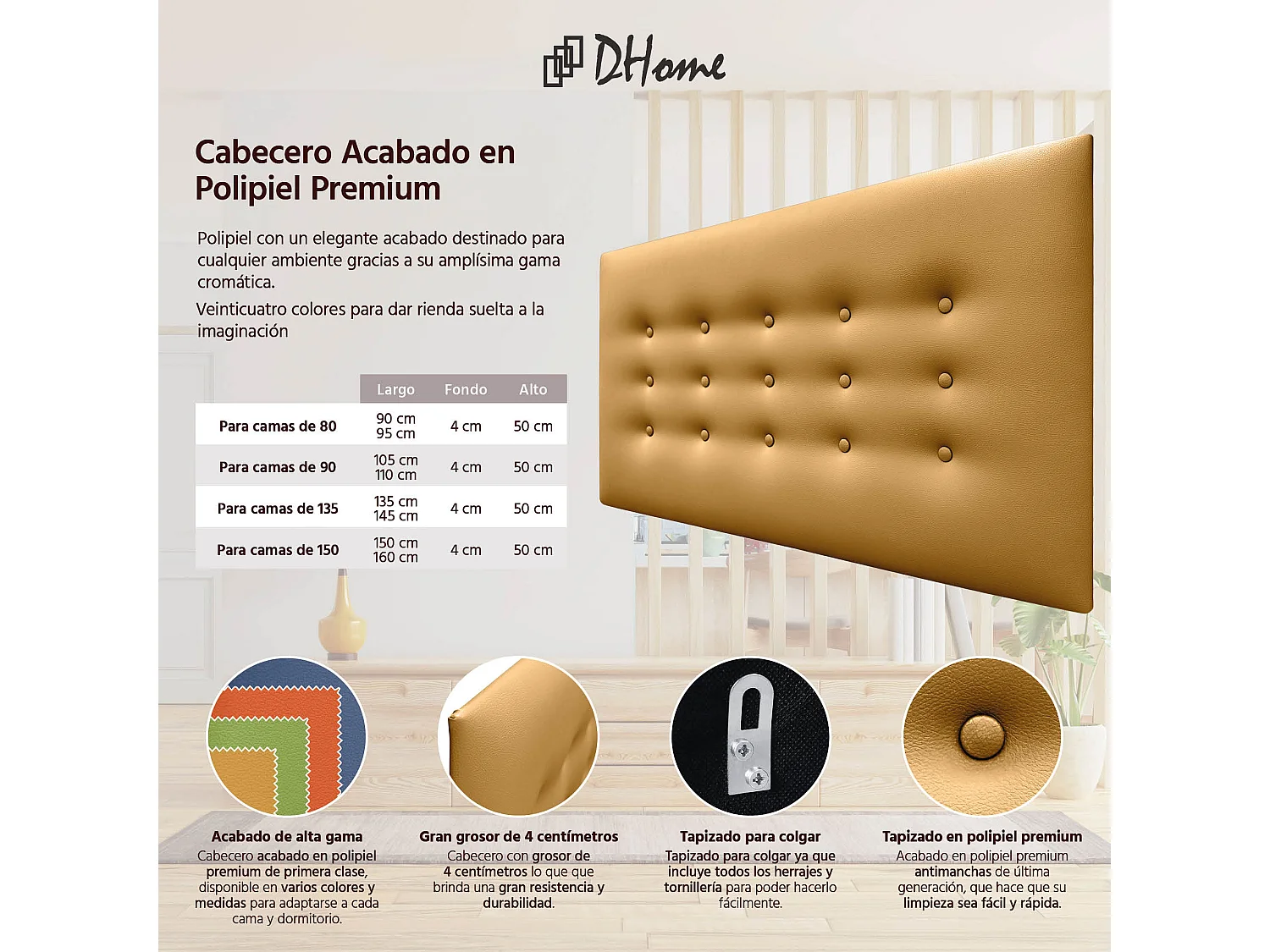 DHOME Testiera in Ecopelle con 3 File di Bottoni Testiera Imbottita Letto di Lusso (Dorato, 95cm)