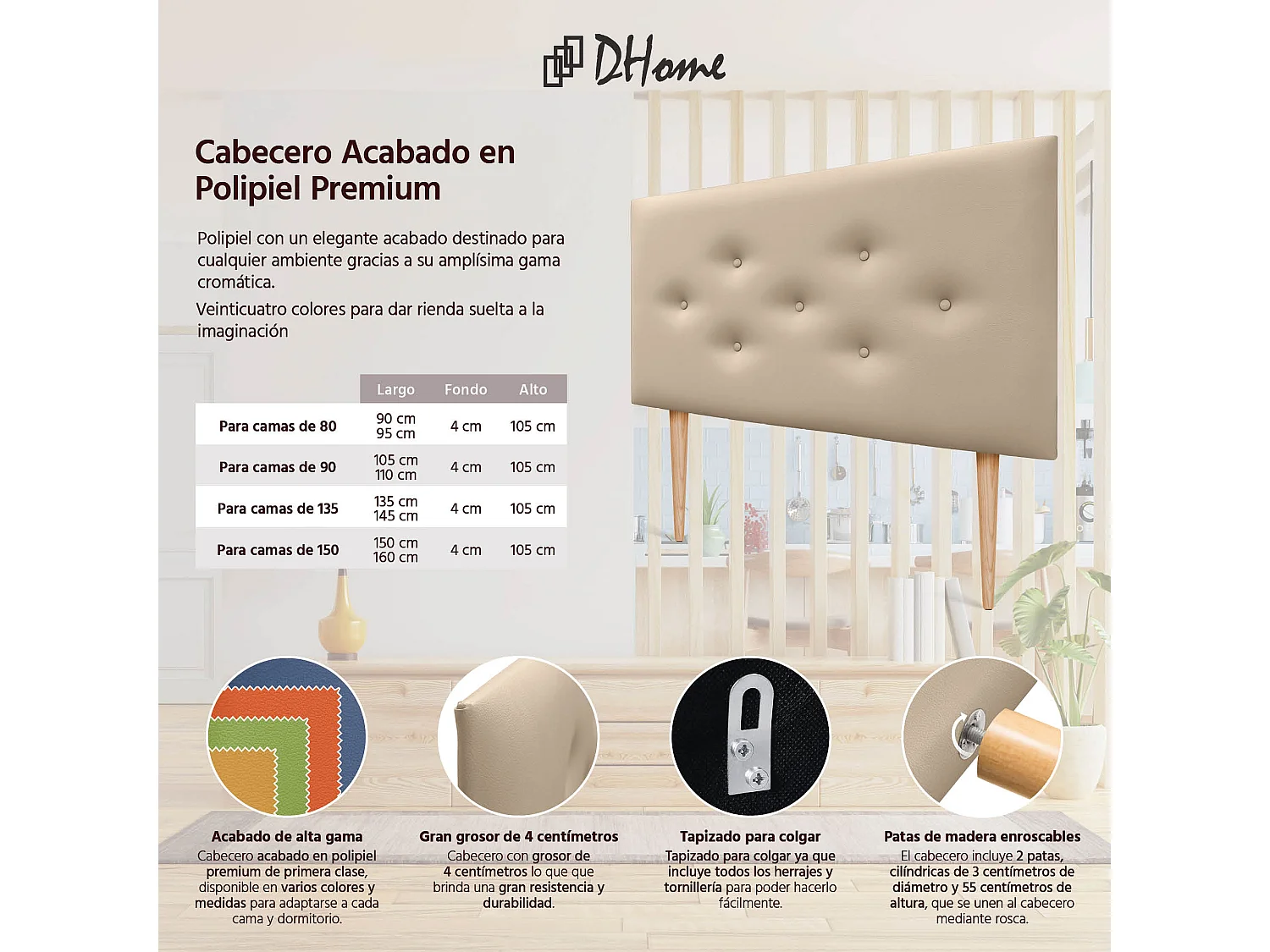 DHOME Tête de lit en simili cuir avec 3 rangées de boutons entrelacés Tête de lit rembourrée pour lit de luxe (Beige, 95cm)