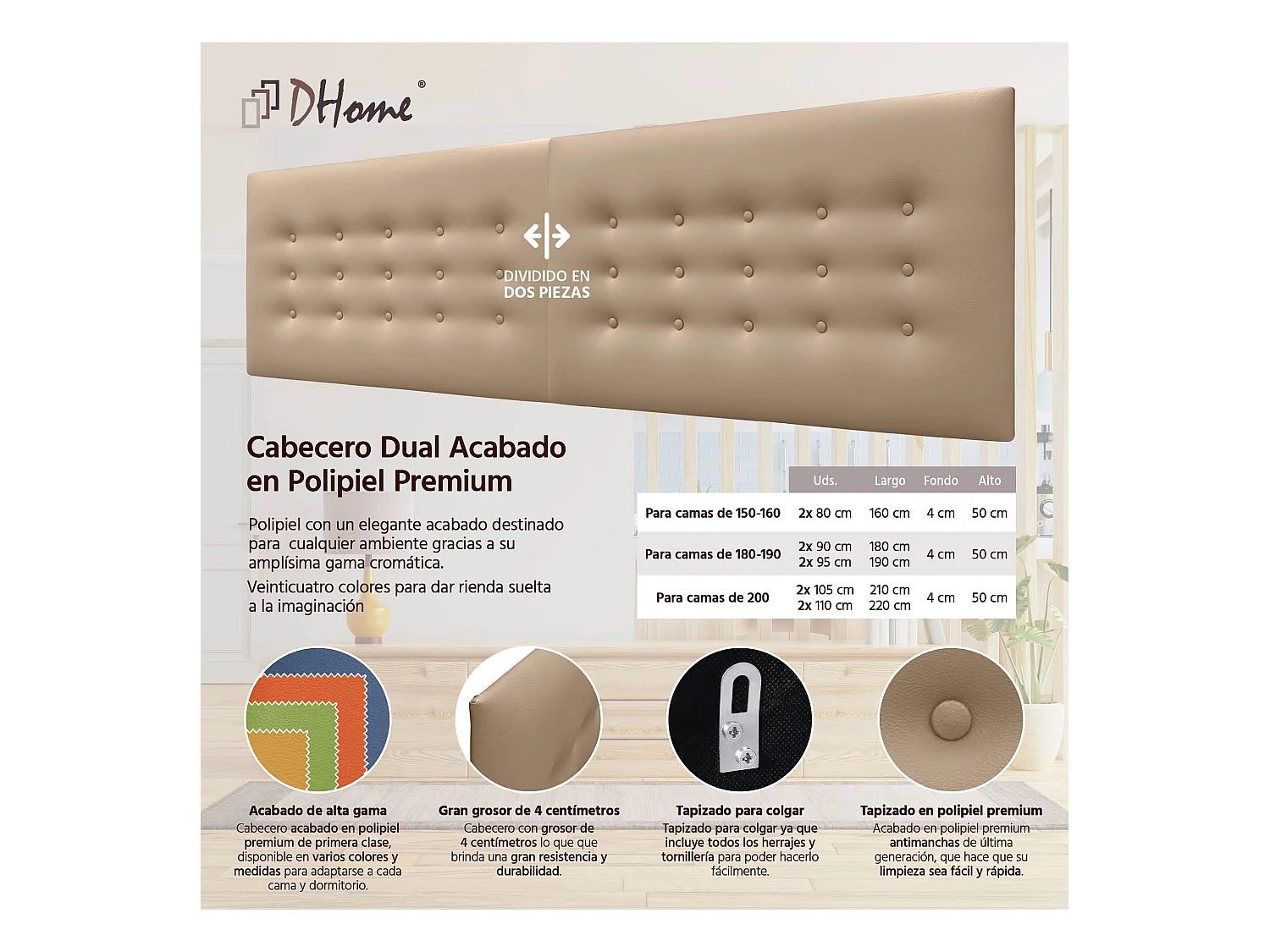 DHOME Tête de Lit en Similicuir avec 3 Rangées de Boutons Tête de Lit Rembourrée de Luxe (Marron Clair, 210cm (2 pièces))