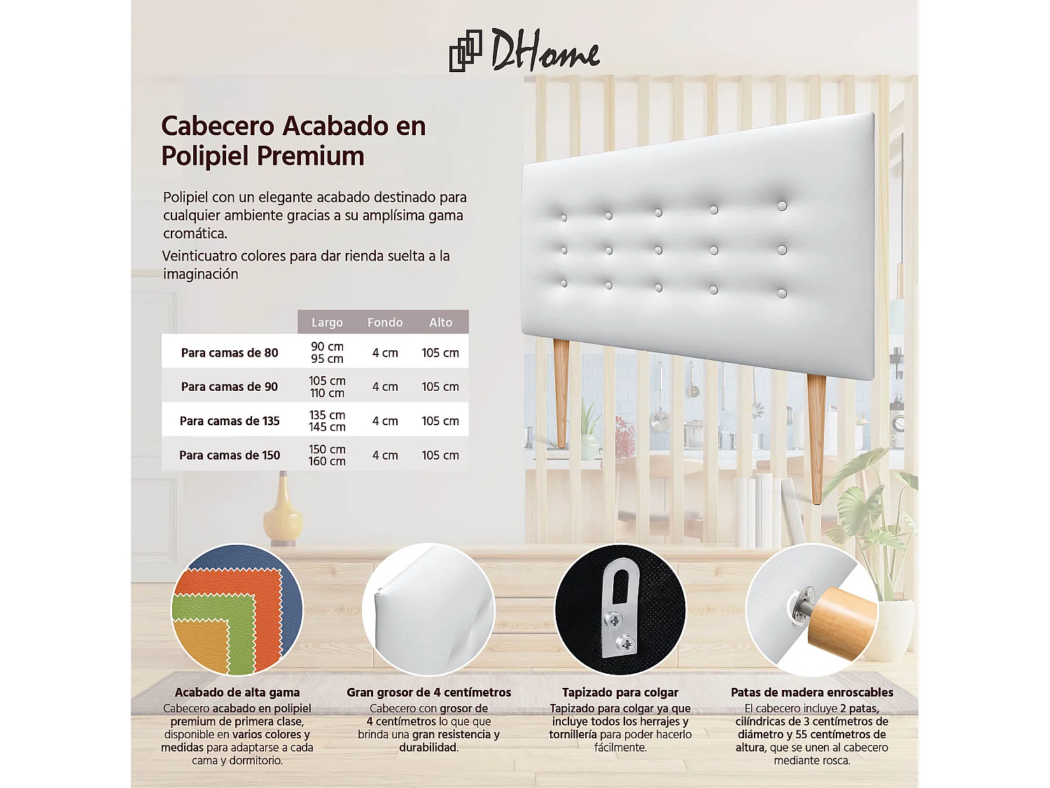 DHOME Testiera in ecopelle con 3 file di bottoni Testiera imbottita per letto di lusso (Bianco, 110cm)