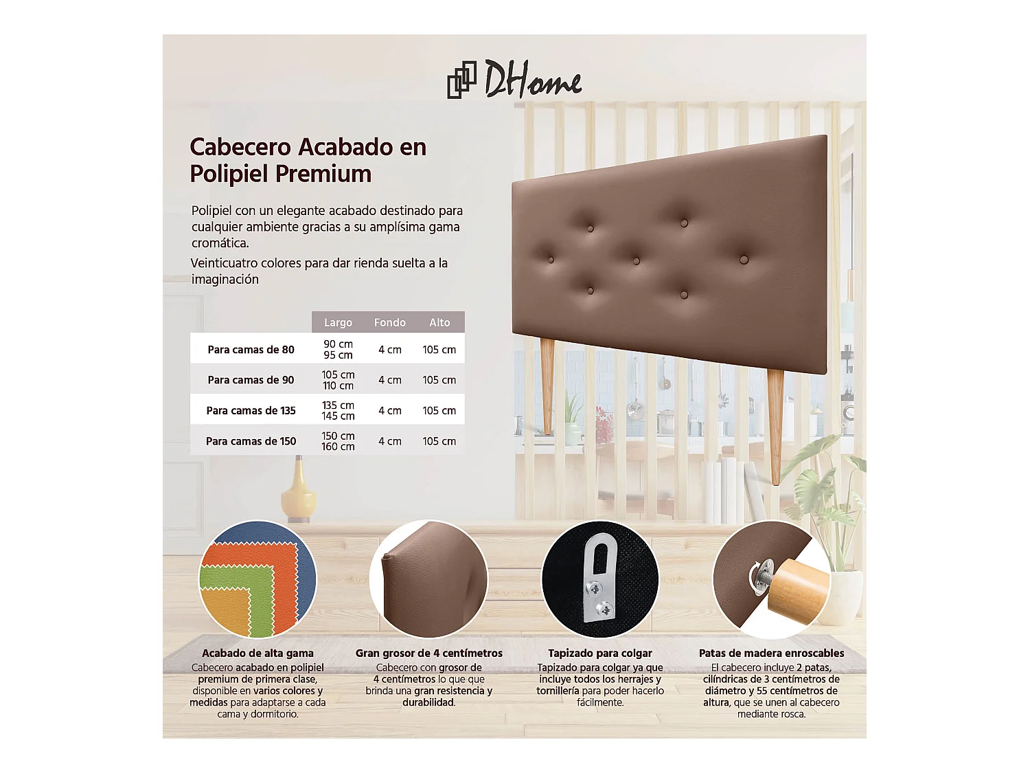 DHOME Tête de lit en simili cuir avec 3 rangées de boutons entrelacés Tête de lit rembourrée pour lit de luxe (Argile, 105cm)