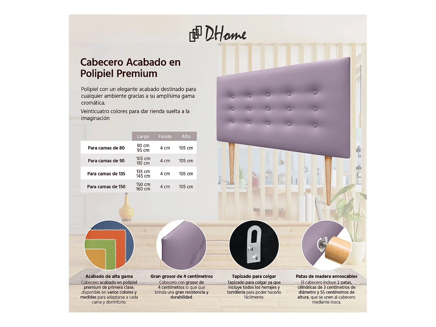 DHOME Testiera in ecopelle con 3 file di bottoni Testiera imbottita per letto di lusso (Lilla, 95cm)