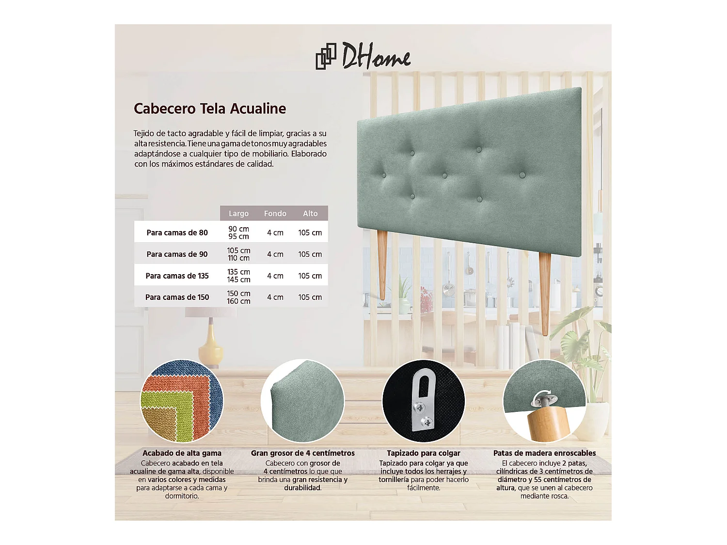 DHOME Tête de Lit en Tissu ACUALINE avec 3 Rangées Entrelacées de Boutons et Pieds Tête de Lit Capitonnée de Luxe(Vert d’eau, 110cm)