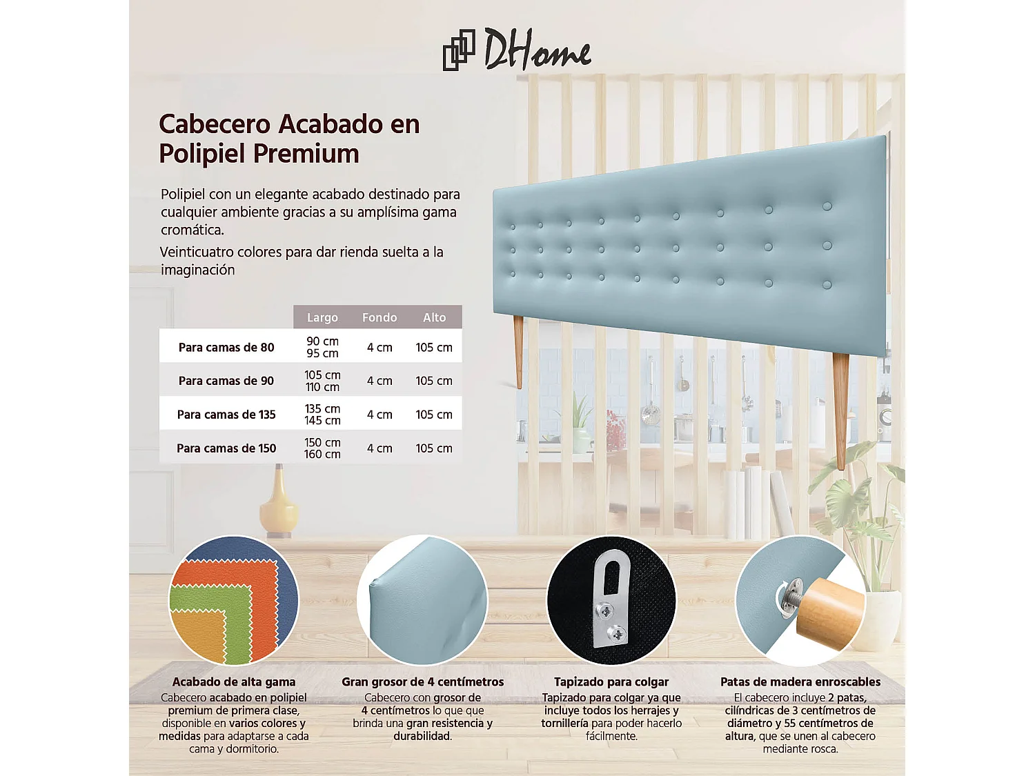 DHOME Testiera in ecopelle con 3 file di bottoni Testiera imbottita per letto di lusso (Celeste, 135cm)