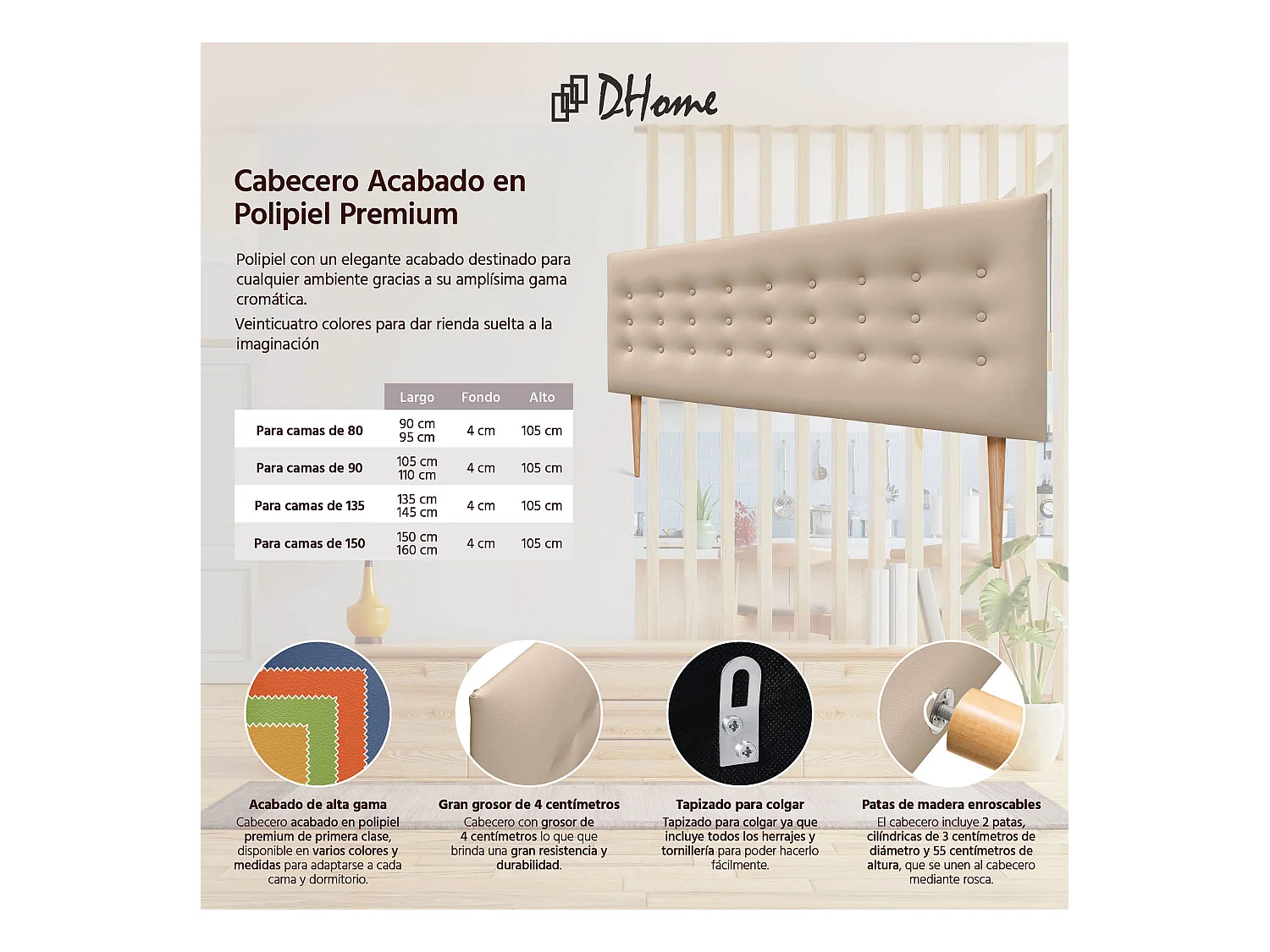 DHOME Testiera in ecopelle con 3 file di bottoni Testiera imbottita per letto di lusso (Beige, 135cm)