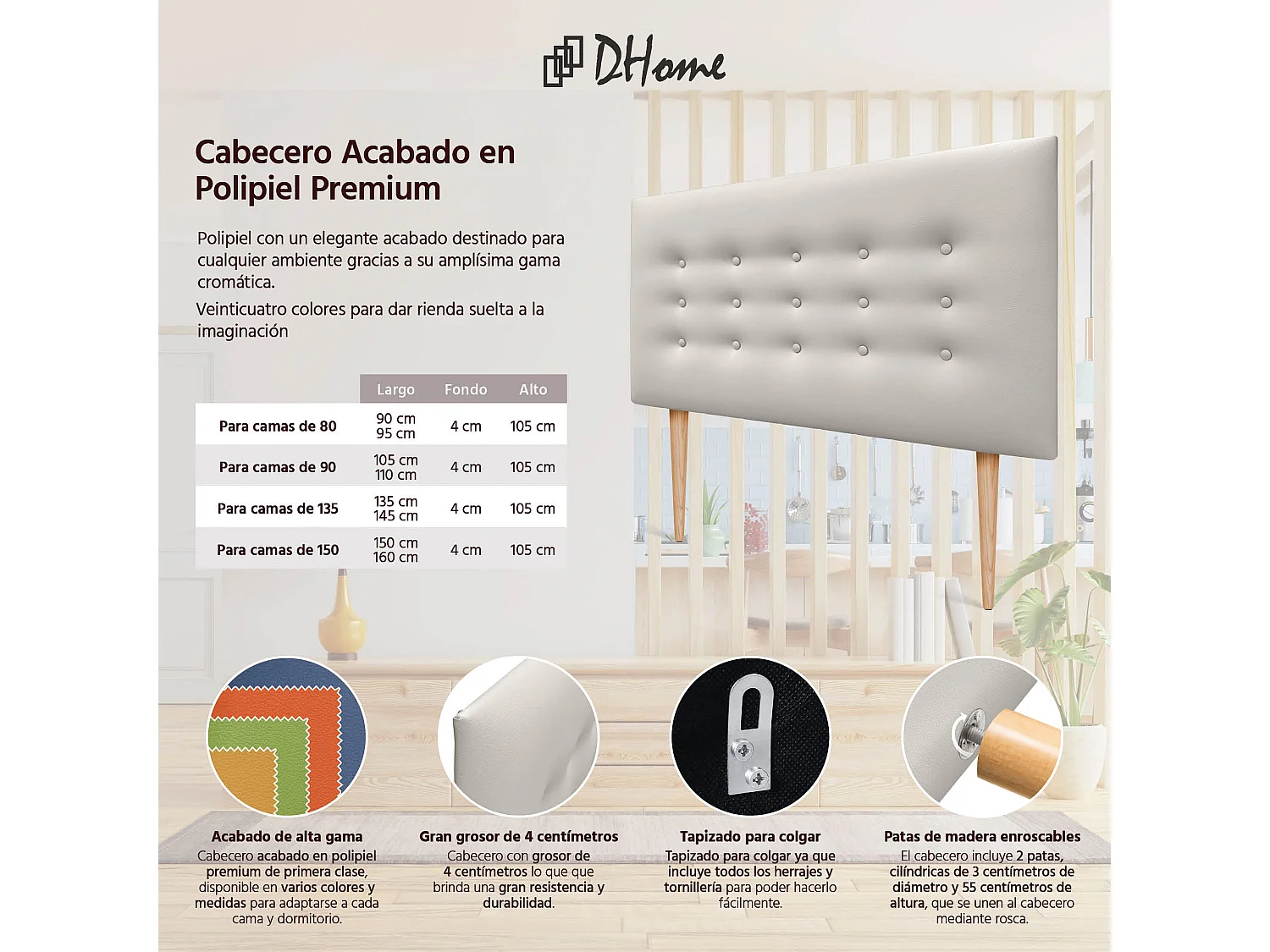 DHOME Kopfteil de Kunstleder mit 3 Knopfreihen und Beinen gepolstertes luxuriöses Bettkopfteil (Blanco Hueso, 95cm)