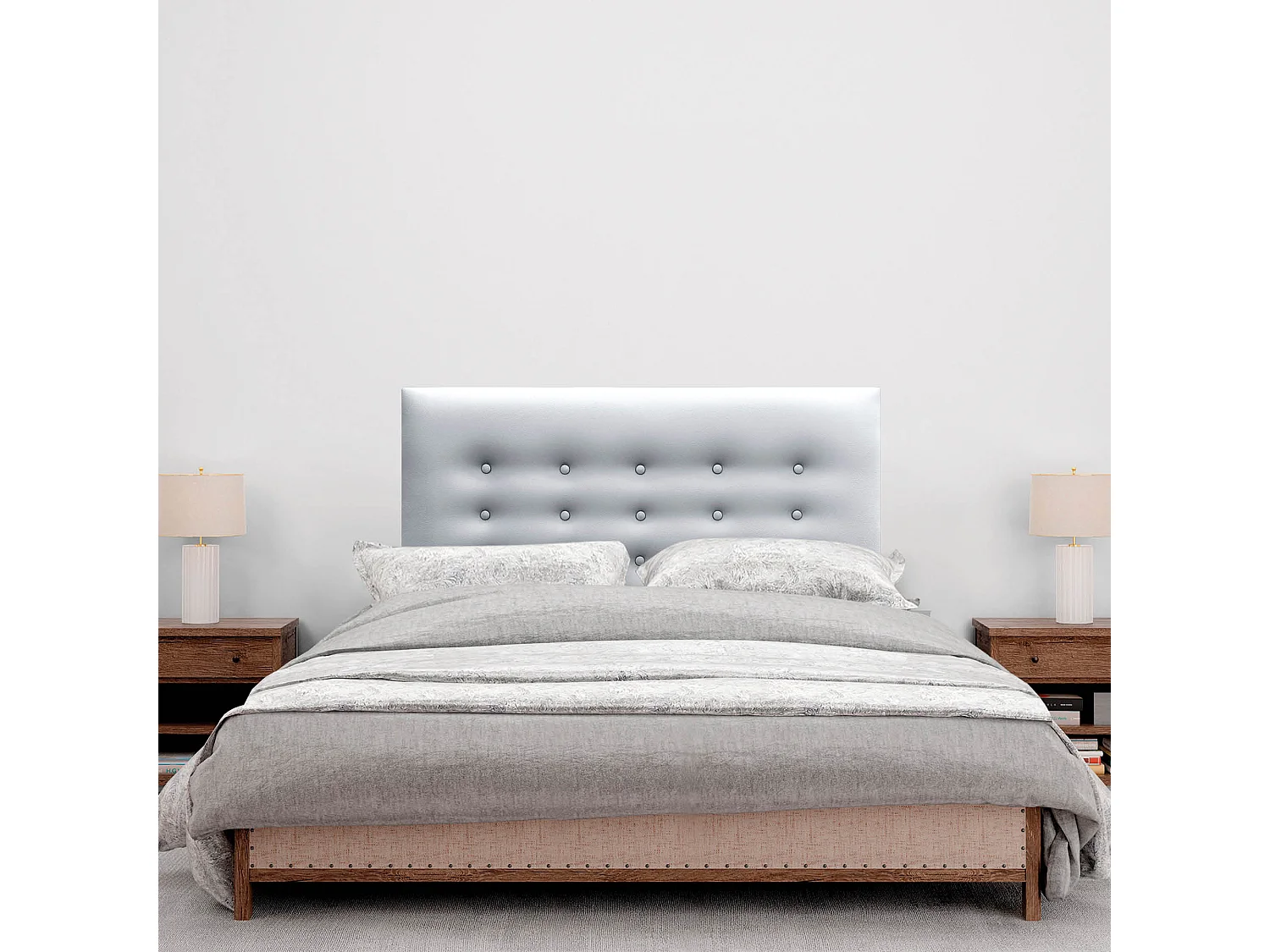 DHOME Tête de lit en simili cuir avec 3 rangées de boutons Tête de lit rembourrée pour lit de luxe (Argent, 90cm)