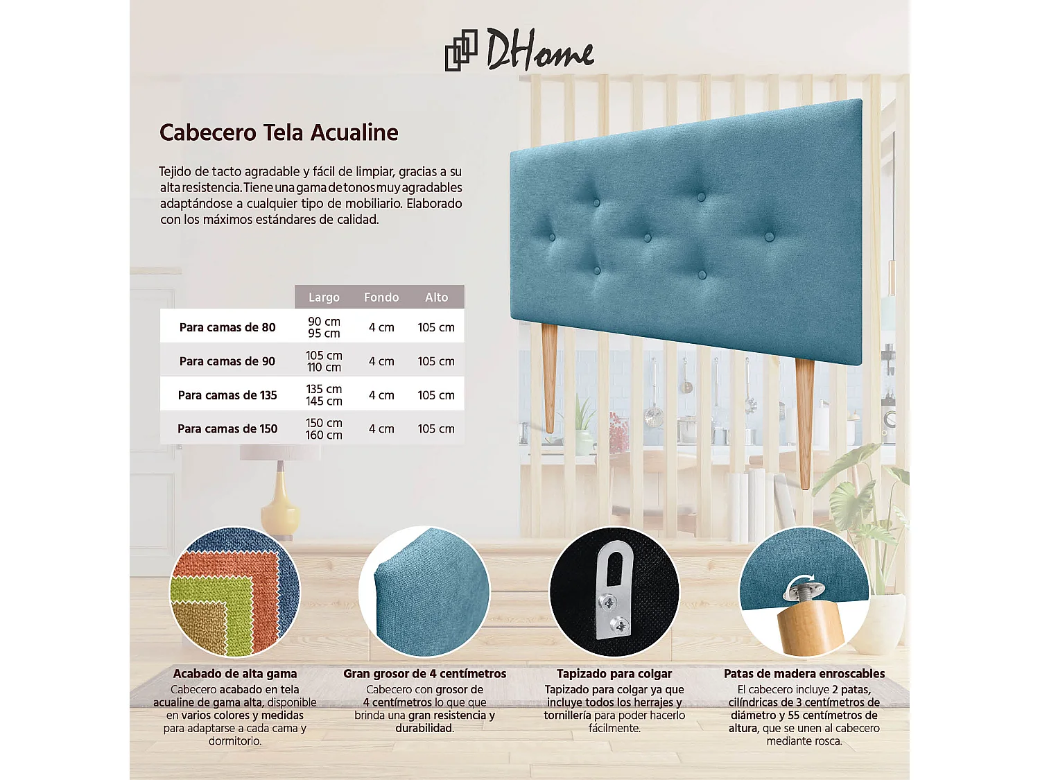 DHOME Tête de Lit en Tissu ACUALINE avec 3 Rangées Entrelacées de Boutons et Pieds Tête de Lit Capitonnée de Luxe(Turquoise, 95cm)