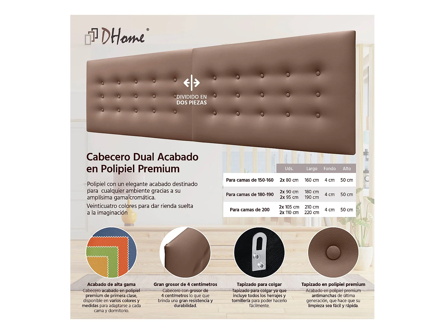 DHOME Tête de Lit en Similicuir avec 3 Rangées de Boutons Tête de Lit Rembourrée de Luxe (Argile, 210cm (2 pièces))