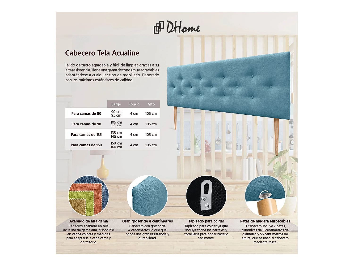 DHOME Tête de Lit en Tissu ACUALINE avec 3 Rangées Entrelacées de Boutons et Pieds Tête de Lit Capitonnée de Luxe(Turquoise, 135cm)