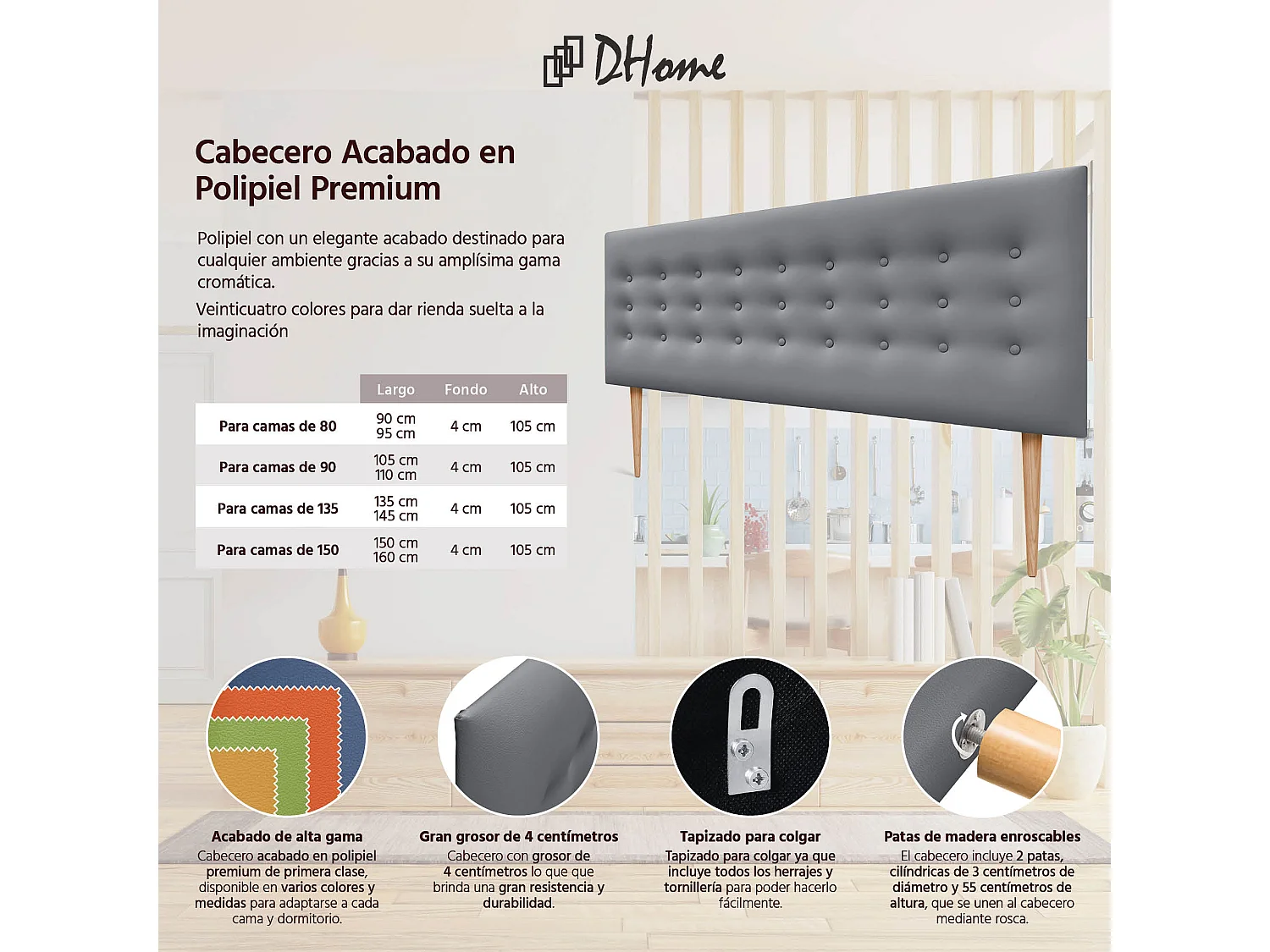 DHOME Tête de lit en simili cuir avec 3 rangées de boutons Tête de lit rembourrée pour lit de luxe (Gris, 150cm)