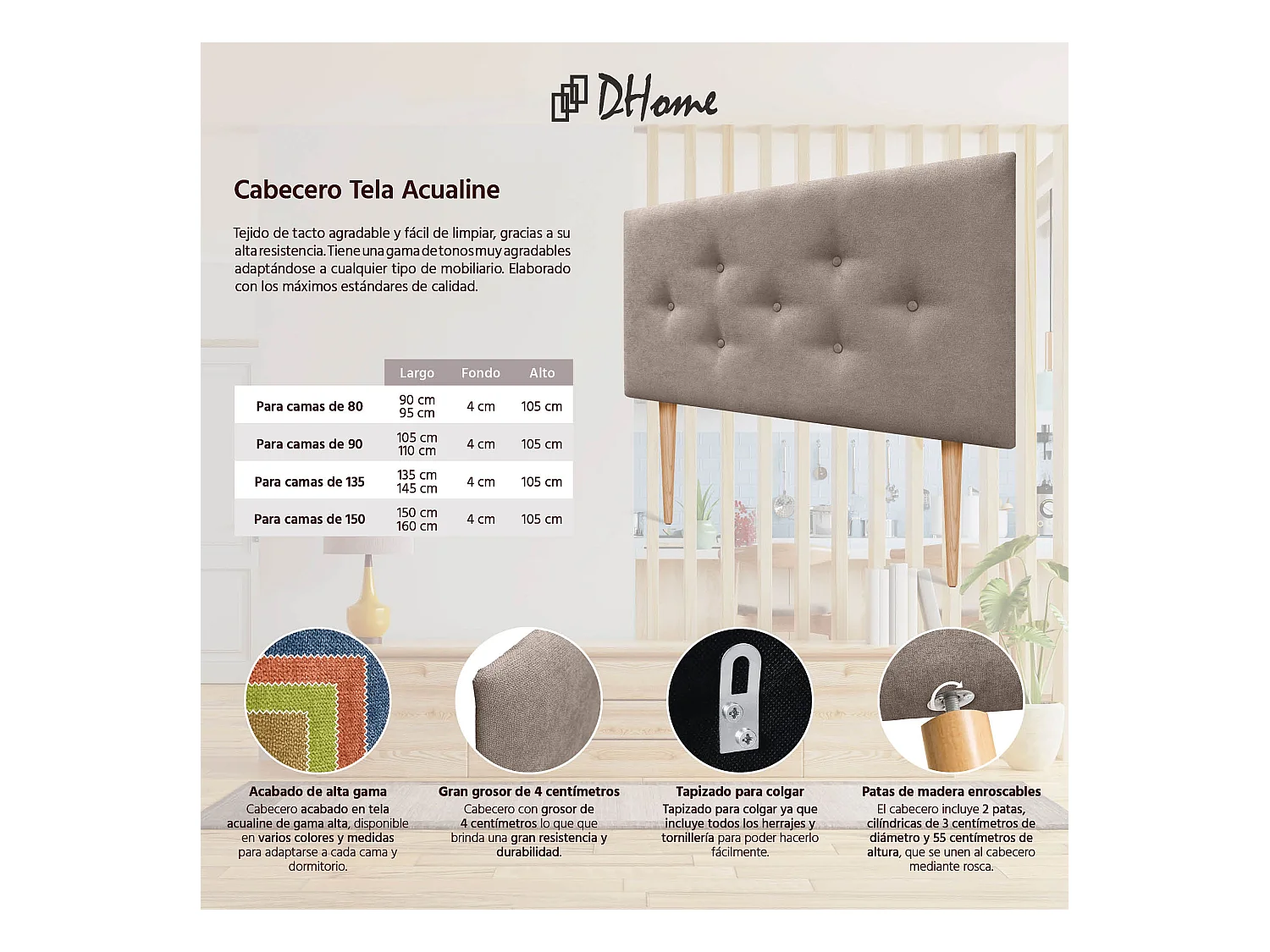 DHOME Tête de Lit en Tissu ACUALINE avec 3 Rangées Entrelacées de Boutons et Pieds Tête de Lit Capitonnée de Luxe(Tierra, 95cm)