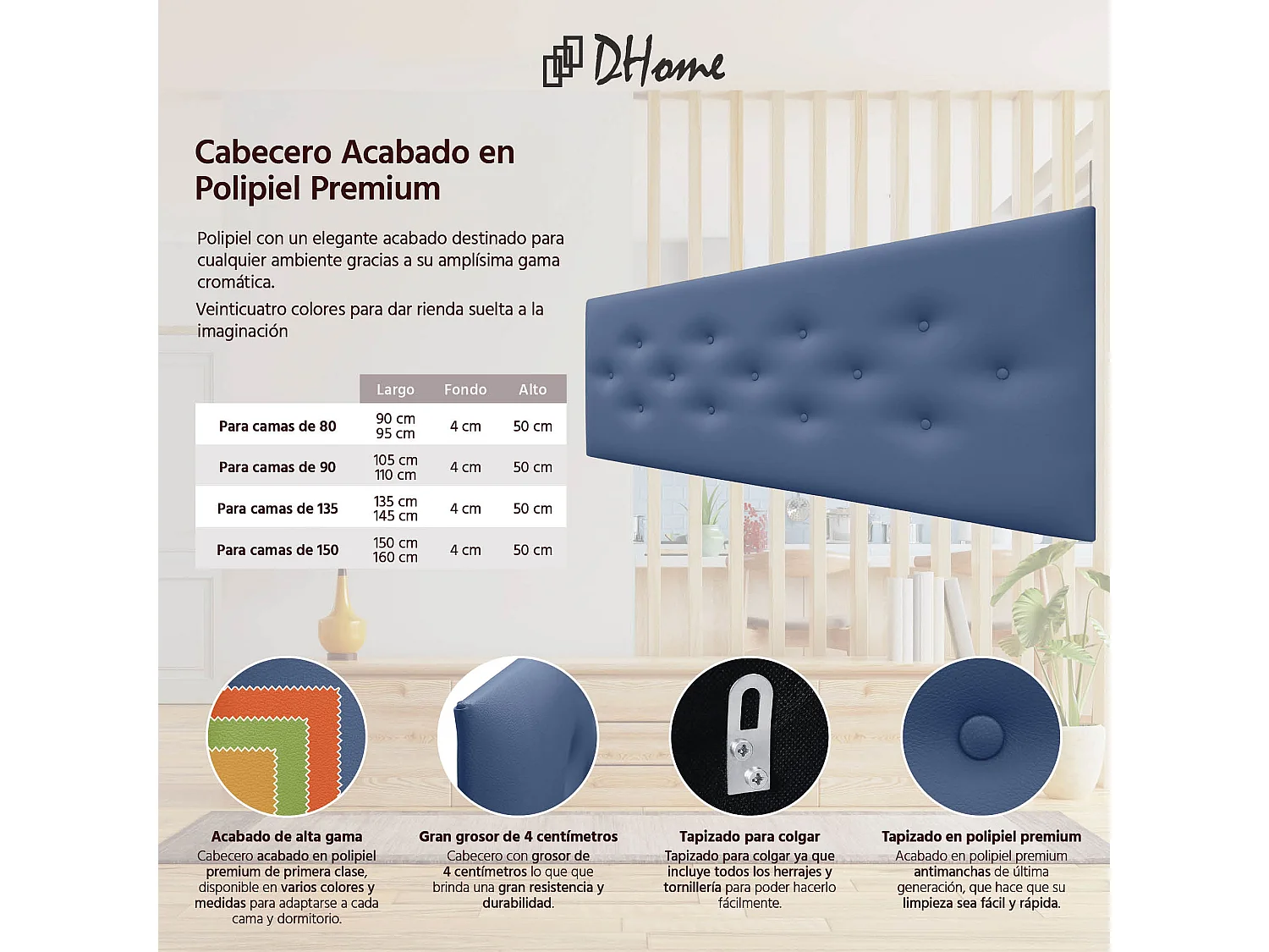 DHOME Tête de Lit en Similicuir avec 3 Rangées de Boutons Entrelacées Tête de Lit Rembourrée de Luxe (Bleu, 145cm)