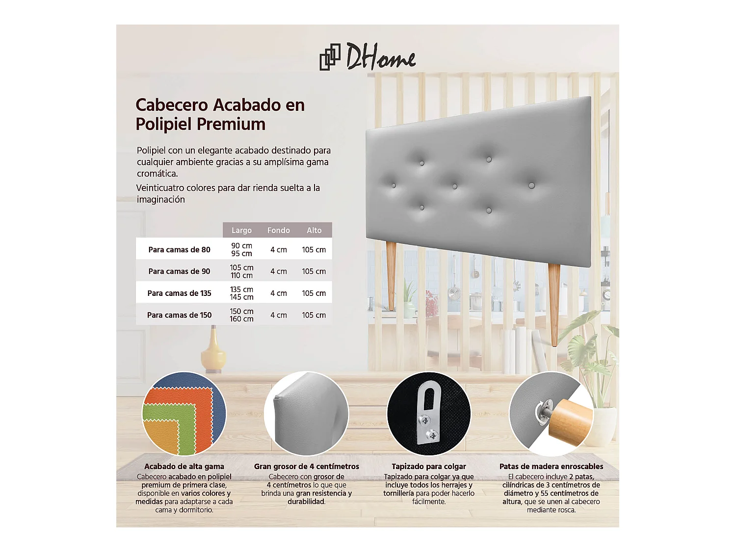 DHOME Tête de lit en simili cuir avec 3 rangées de boutons entrelacés Tête de lit rembourrée pour lit de luxe (Gris, 90cm)