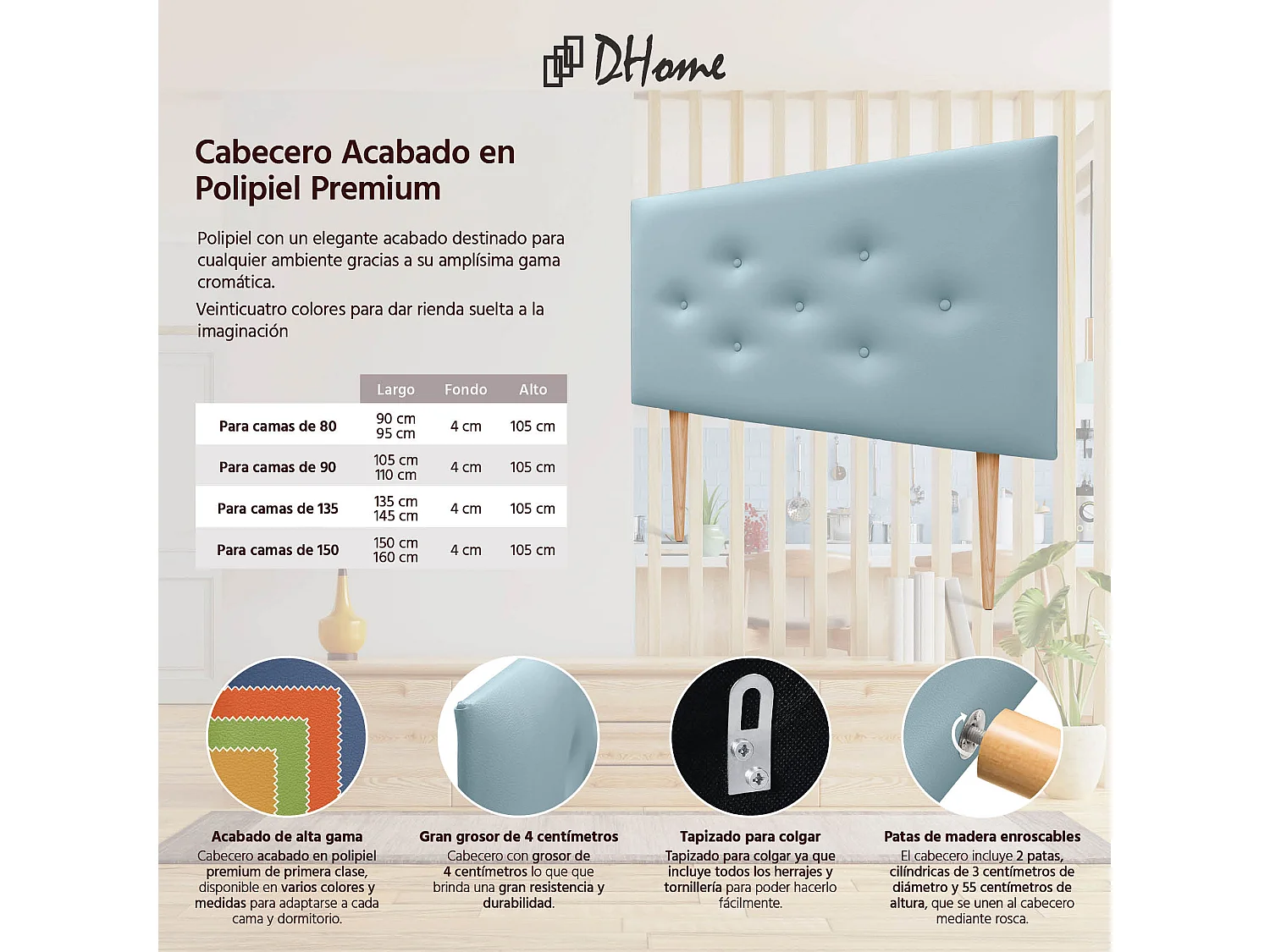 DHOME Testiera in ecopelle con 3 file di bottoni intrecciati Testiera imbottita per letto di lusso (Celeste, 95cm)