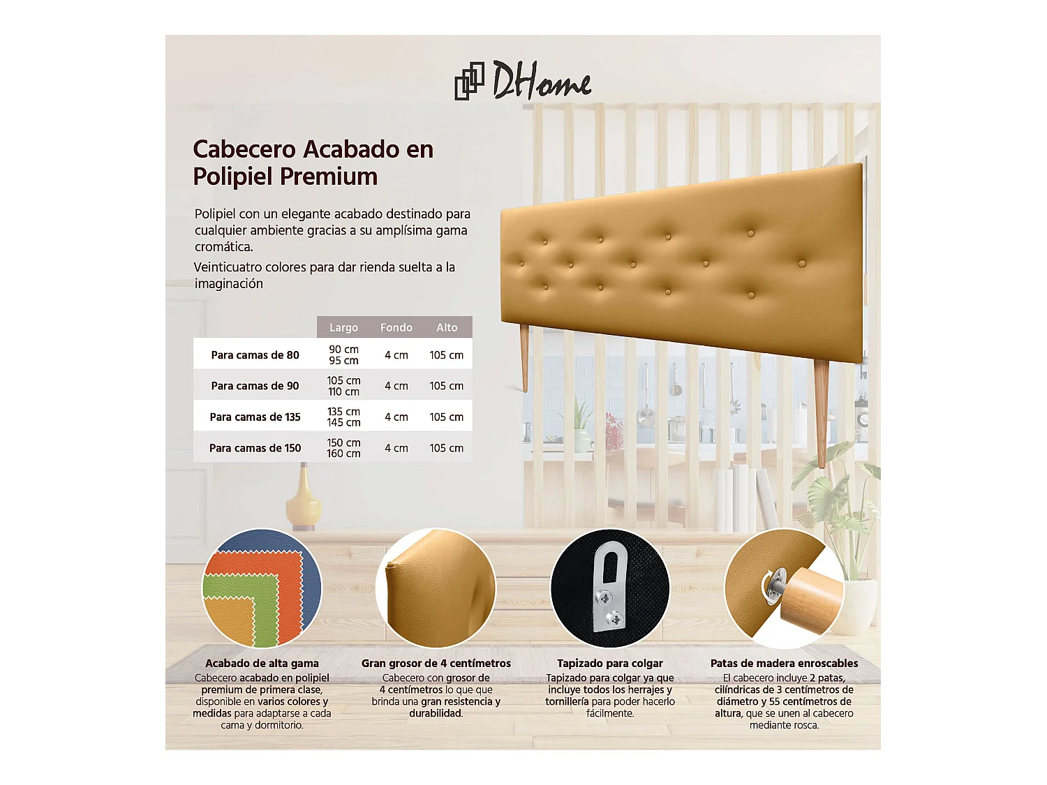 DHOME Tête de lit en simili cuir avec 3 rangées de boutons entrelacés Tête de lit rembourrée pour lit de luxe (Doré, 160cm)