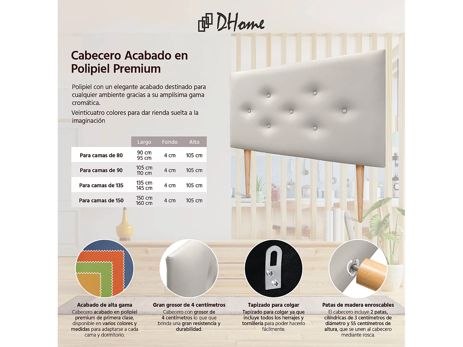 DHOME Cabeceira em couro sintético com 3 fileiras de botões entrelaçados Cabeceira estofada para cama de luxo (Branco, 90cm)