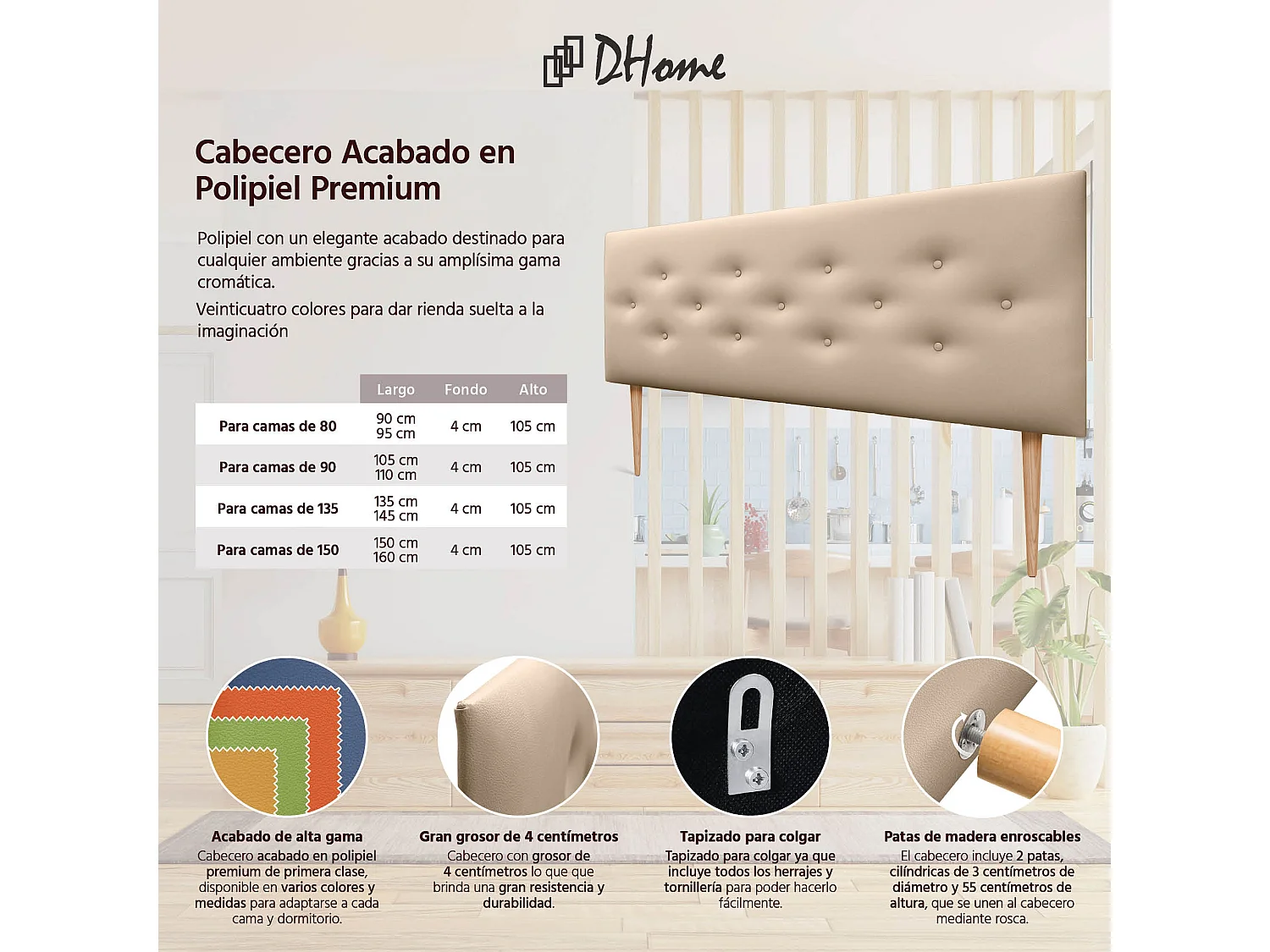 DHOME Tête de lit en simili cuir avec 3 rangées de boutons entrelacés Tête de lit rembourrée pour lit de luxe (Champagne, 145cm)