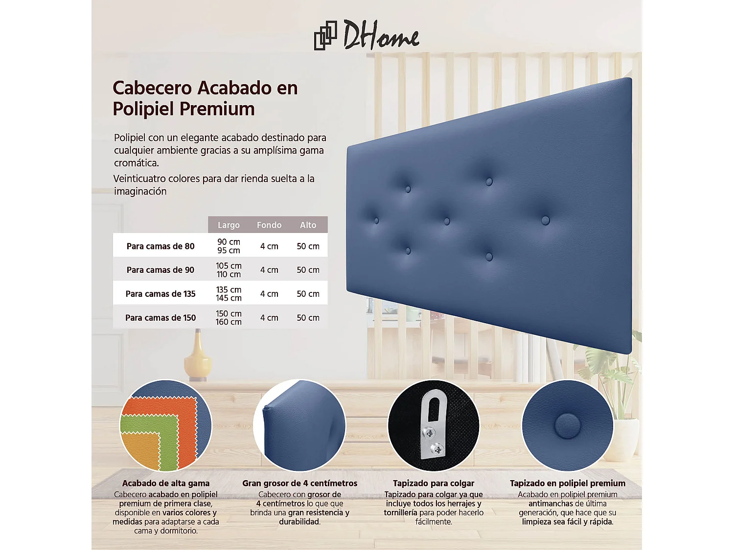 DHOME Tête de Lit en Similicuir avec 3 Rangées de Boutons Entrelacées Tête de Lit Rembourrée de Luxe (Bleu, 110cm)