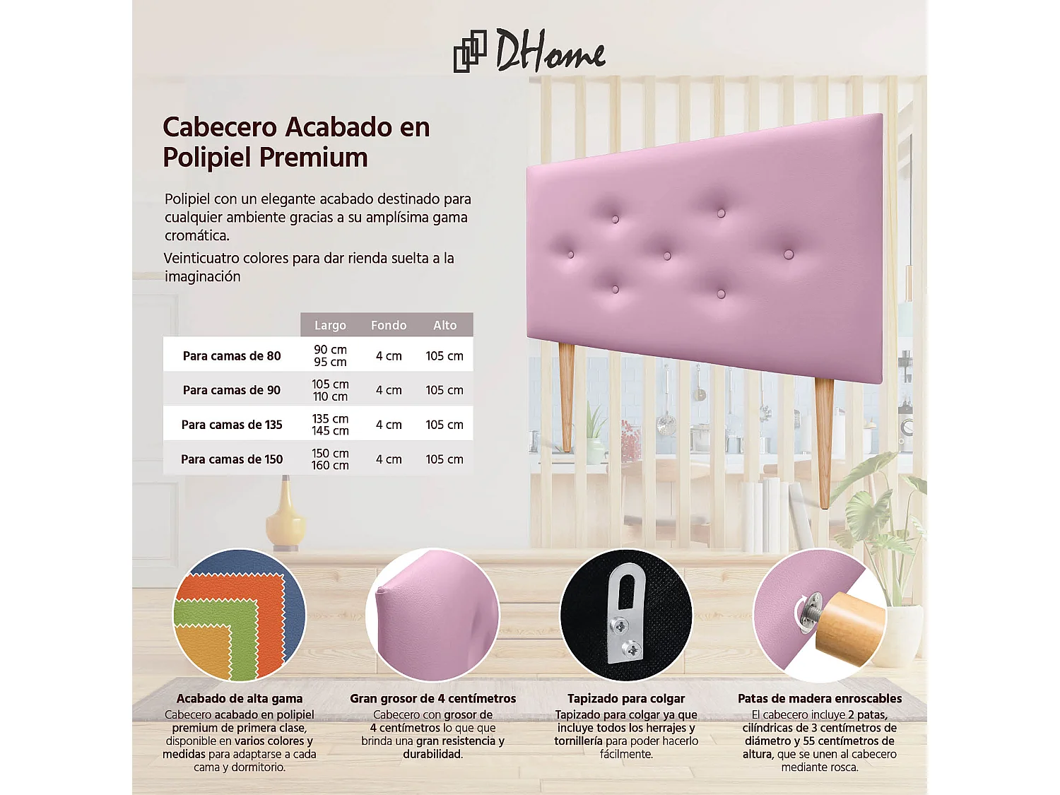 DHOME Cabeceira em couro sintético com 3 fileiras de botões entrelaçados Cabeceira estofada para cama de luxo (Rosa, 105cm)