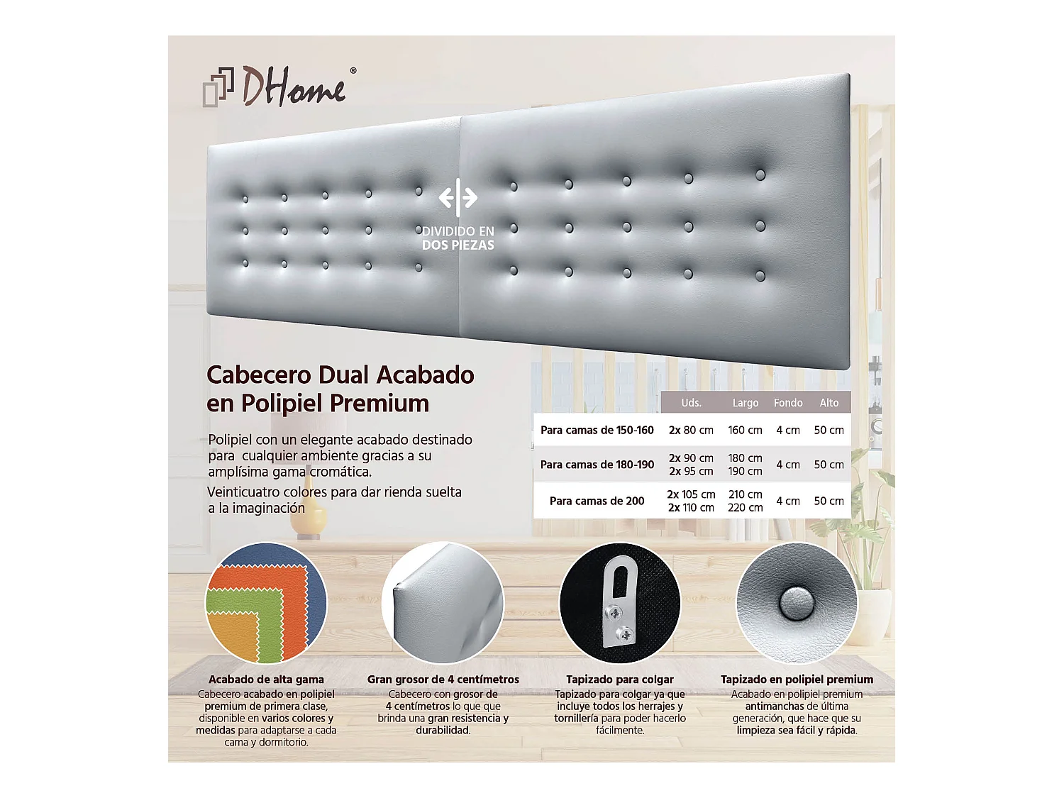 DHOME Kopfteil de Kunstleder mit 3 Knopfreihen gepolstertes luxuriöses Bettkopfteil (Plata, 190cm (2 piezas))