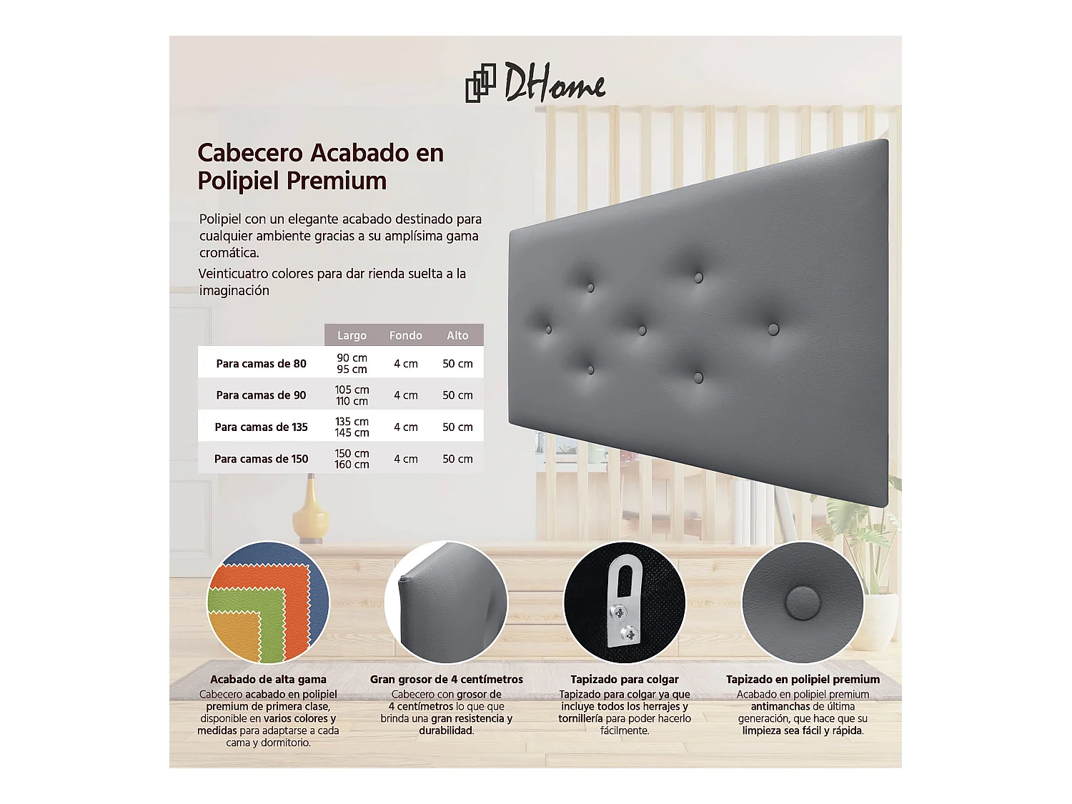 DHOME Tête de Lit en Similicuir avec 3 Rangées de Boutons Entrelacées Tête de Lit Rembourrée de Luxe (Gris, 110cm)