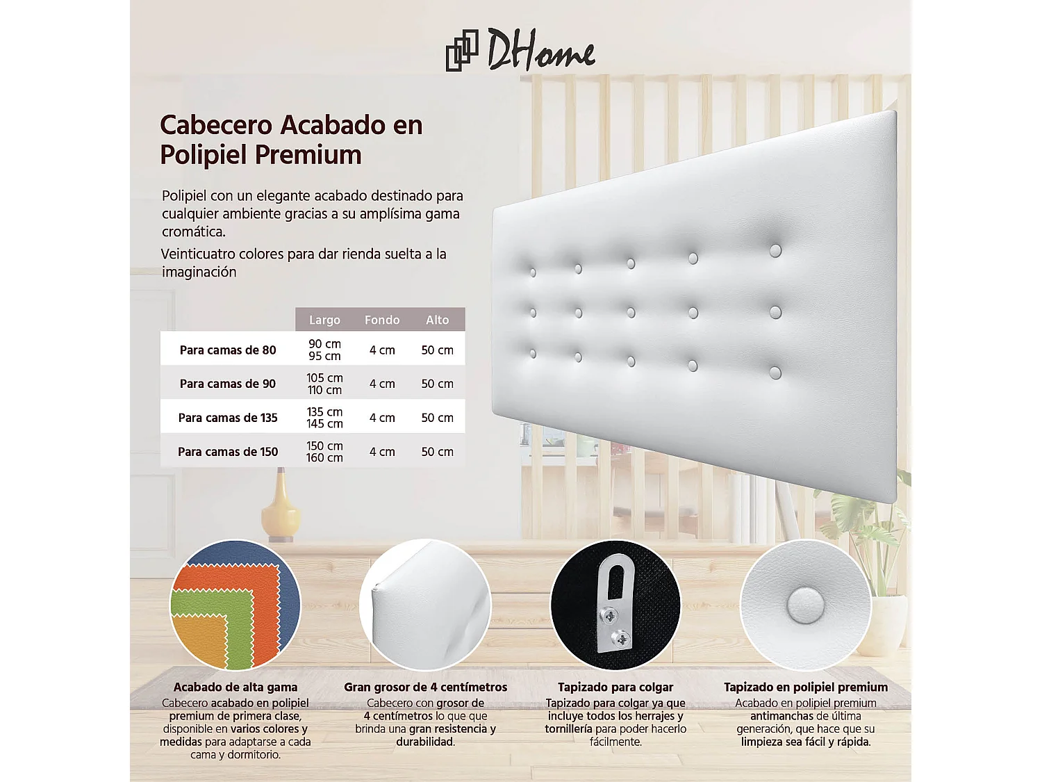 DHOME Tête de Lit en Similicuir avec 3 Rangées de Boutons Tête de Lit Rembourrée de Luxe (Blanc, 95cm)