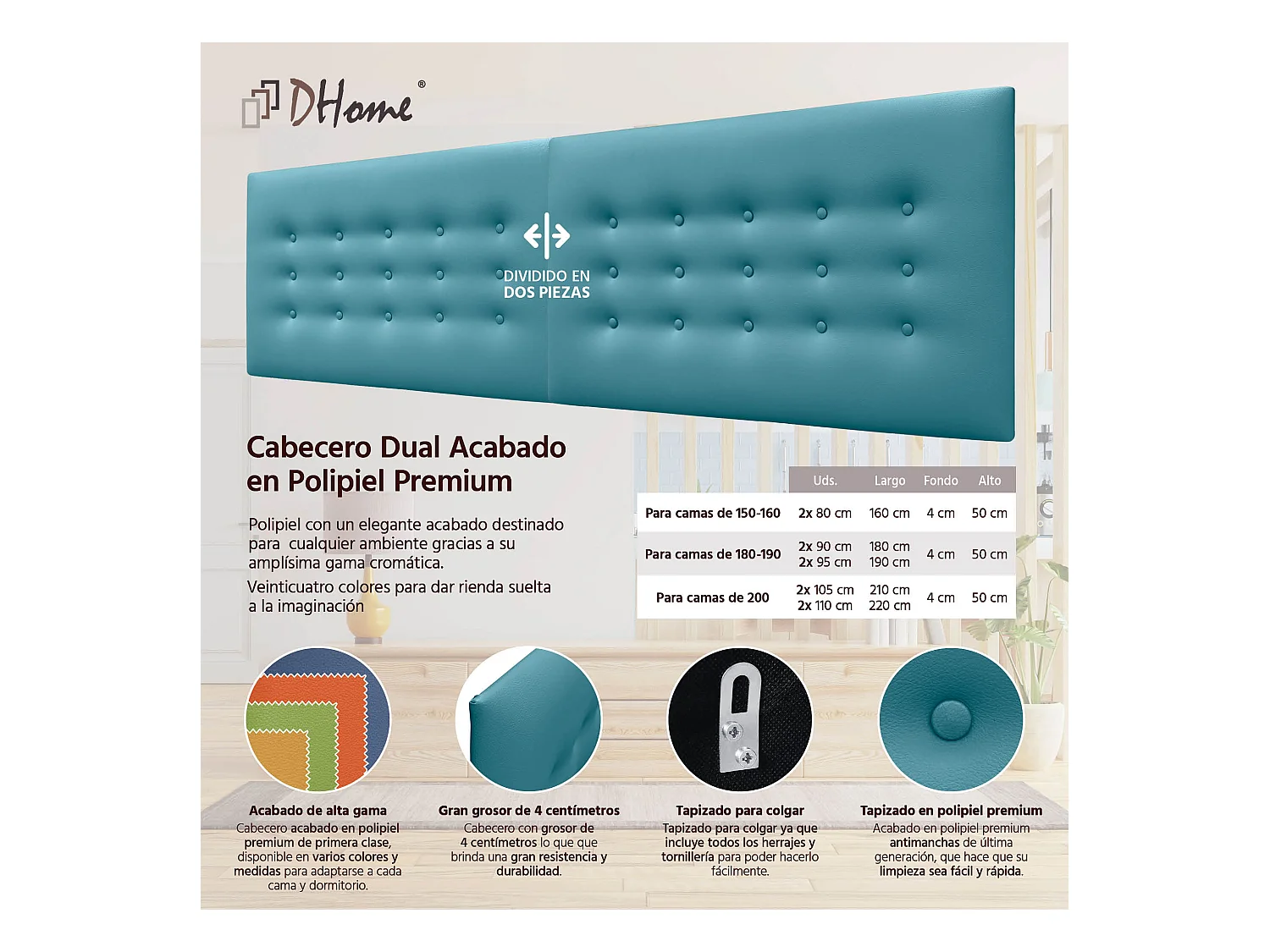 DHOME Kopfteil de Kunstleder mit 3 Knopfreihen gepolstertes luxuriöses Bettkopfteil (Turquesa, 160cm (2piezas))