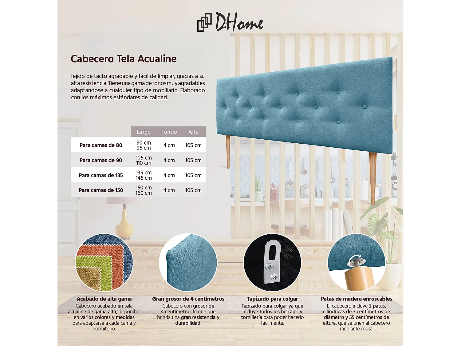 DHOME Tête de Lit en Tissu ACUALINE avec 3 Rangées Entrelacées de Boutons et Pieds Tête de Lit Capitonnée de Luxe(Turquoise, 150cm)