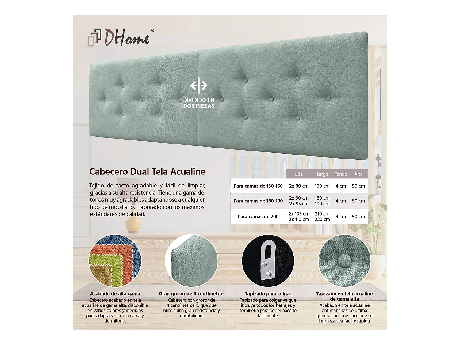 DHOME Tête de Lit en Tissu ACUALINE avec 3 Rangées Entrelacées de Boutons Tête de Lit Capitonnée de Luxe(Vert d’eau, 180cm (2 pièces))