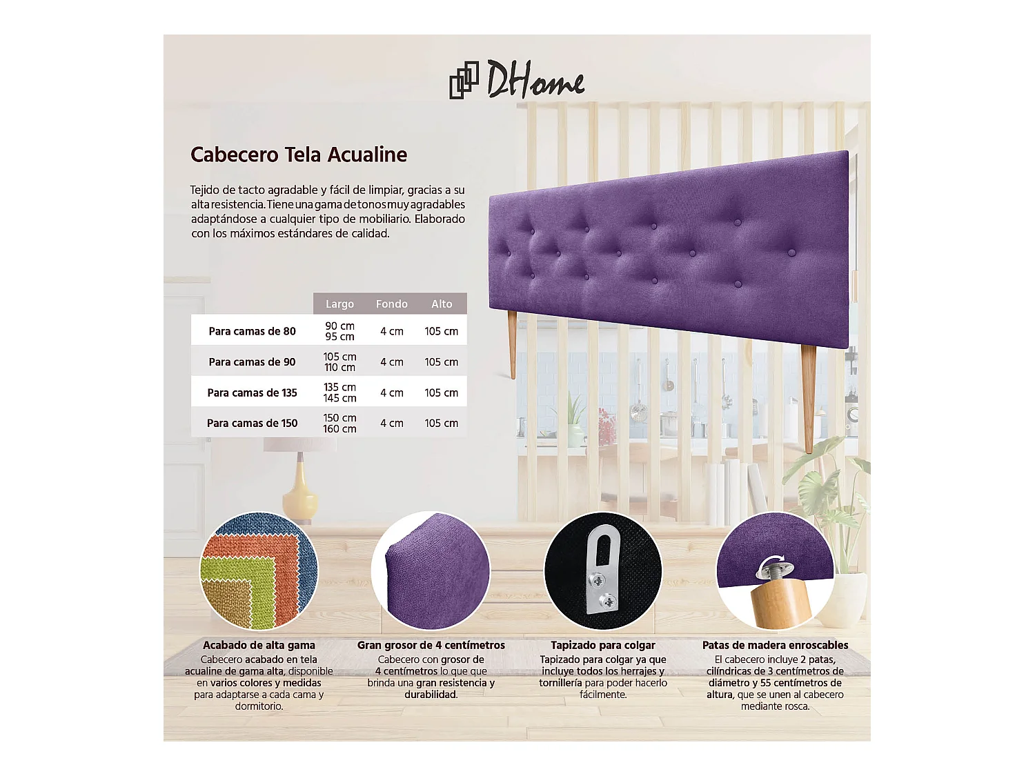 DHOME Tête de Lit en Tissu ACUALINE avec 3 Rangées Entrelacées de Boutons et Pieds Tête de Lit Capitonnée de Luxe(Lilas, 150cm)